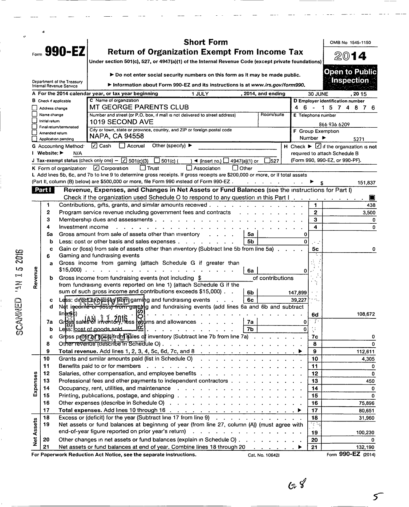 Image of first page of 2014 Form 990EZ for Mt George Parents Club