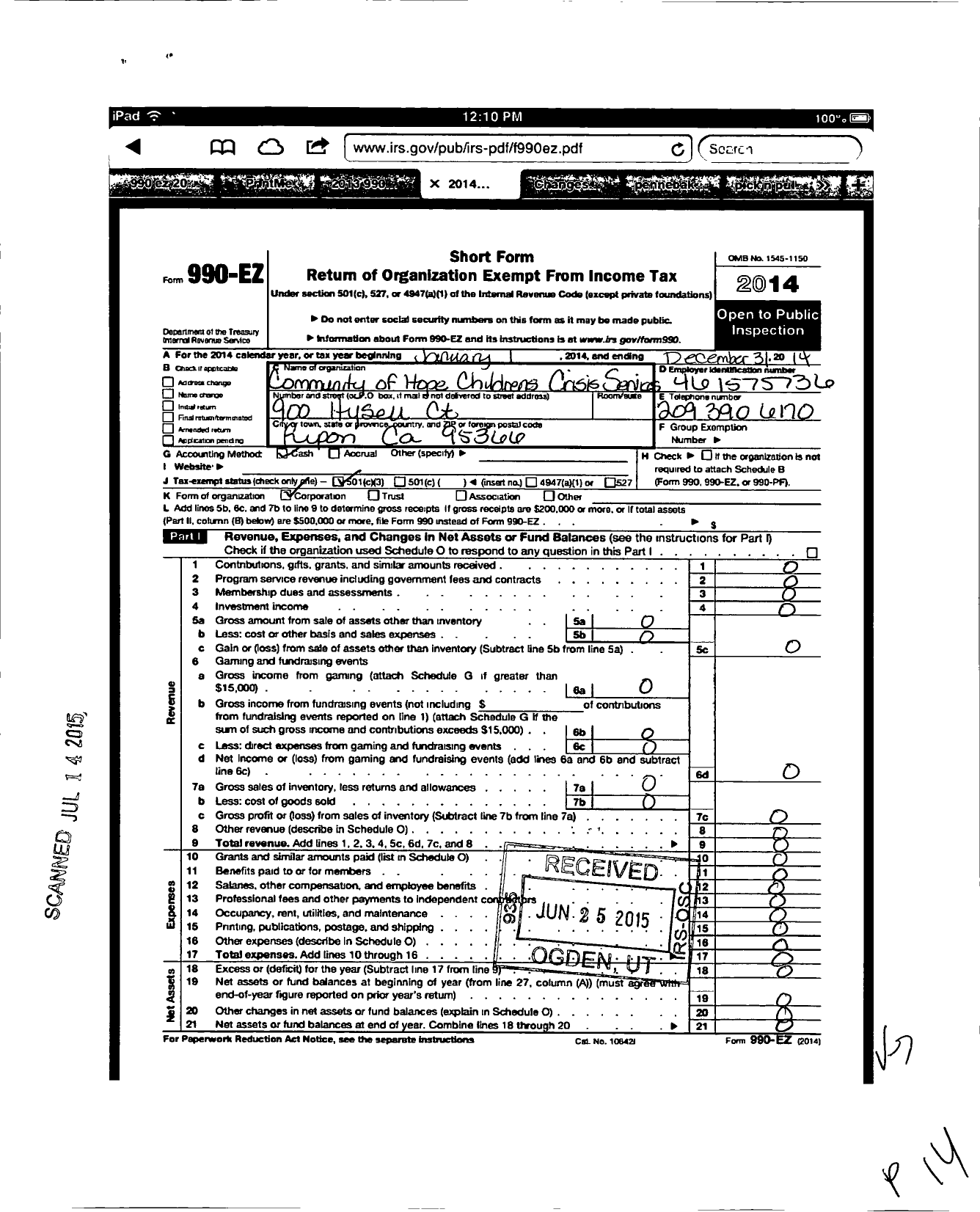 Image of first page of 2014 Form 990EZ for Ray of Hope Childrens Services