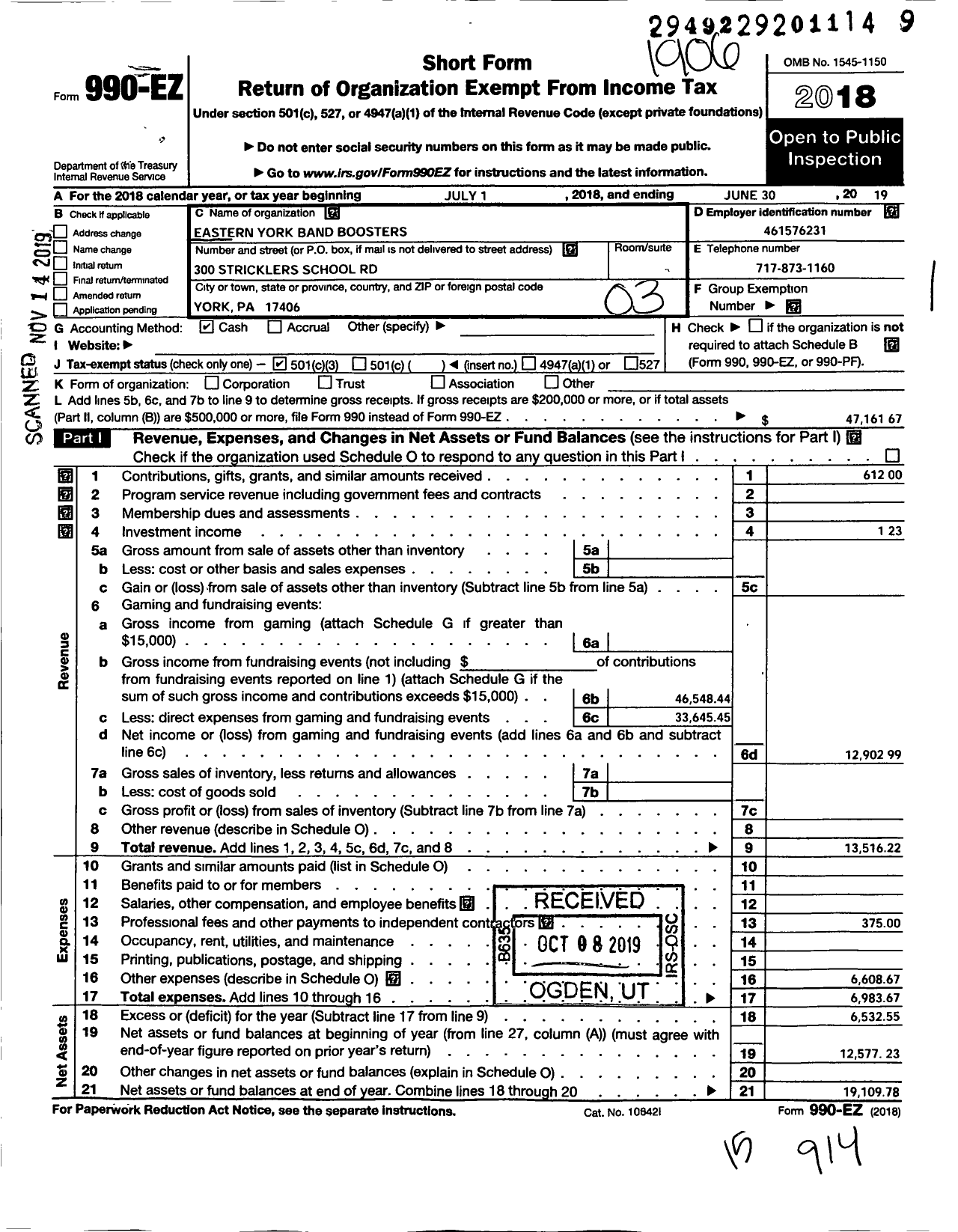 Image of first page of 2018 Form 990EZ for Eastern York Band Boosters