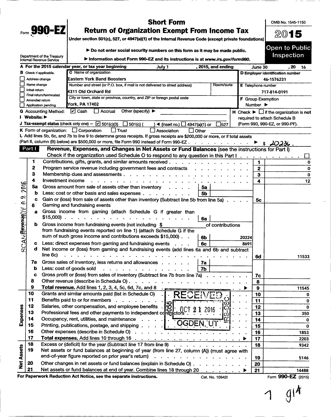 Image of first page of 2015 Form 990EZ for Eastern York Band Boosters