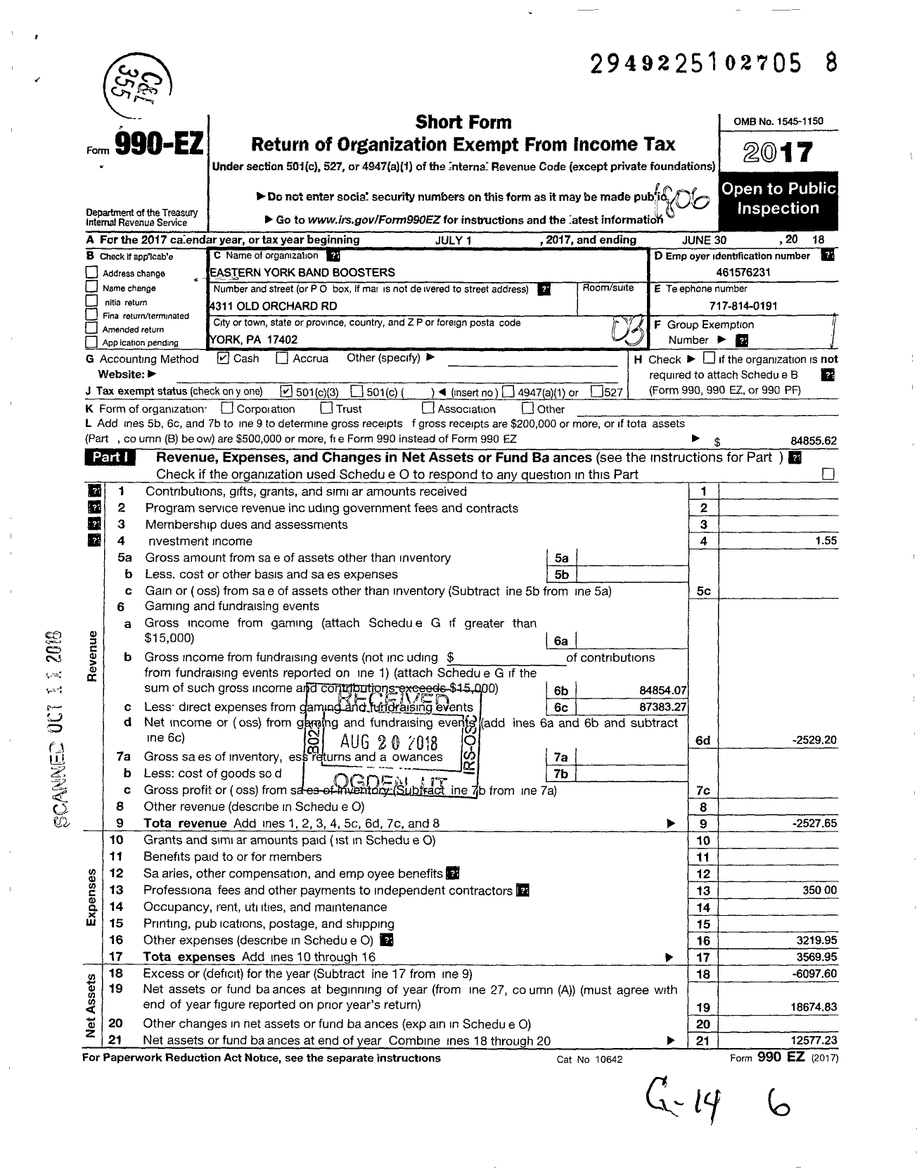 Image of first page of 2017 Form 990EZ for Eastern York Band Boosters