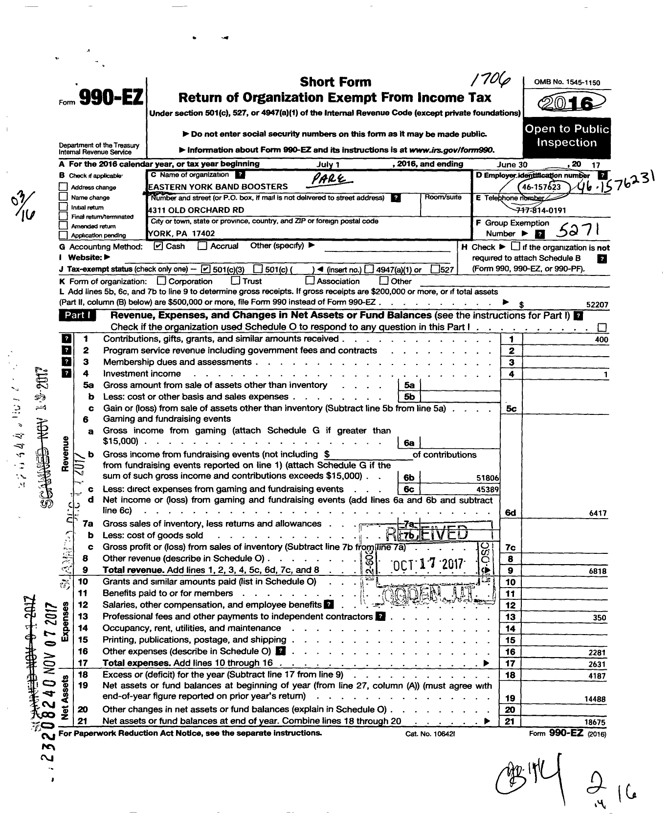 Image of first page of 2016 Form 990EZ for Eastern York Band Boosters