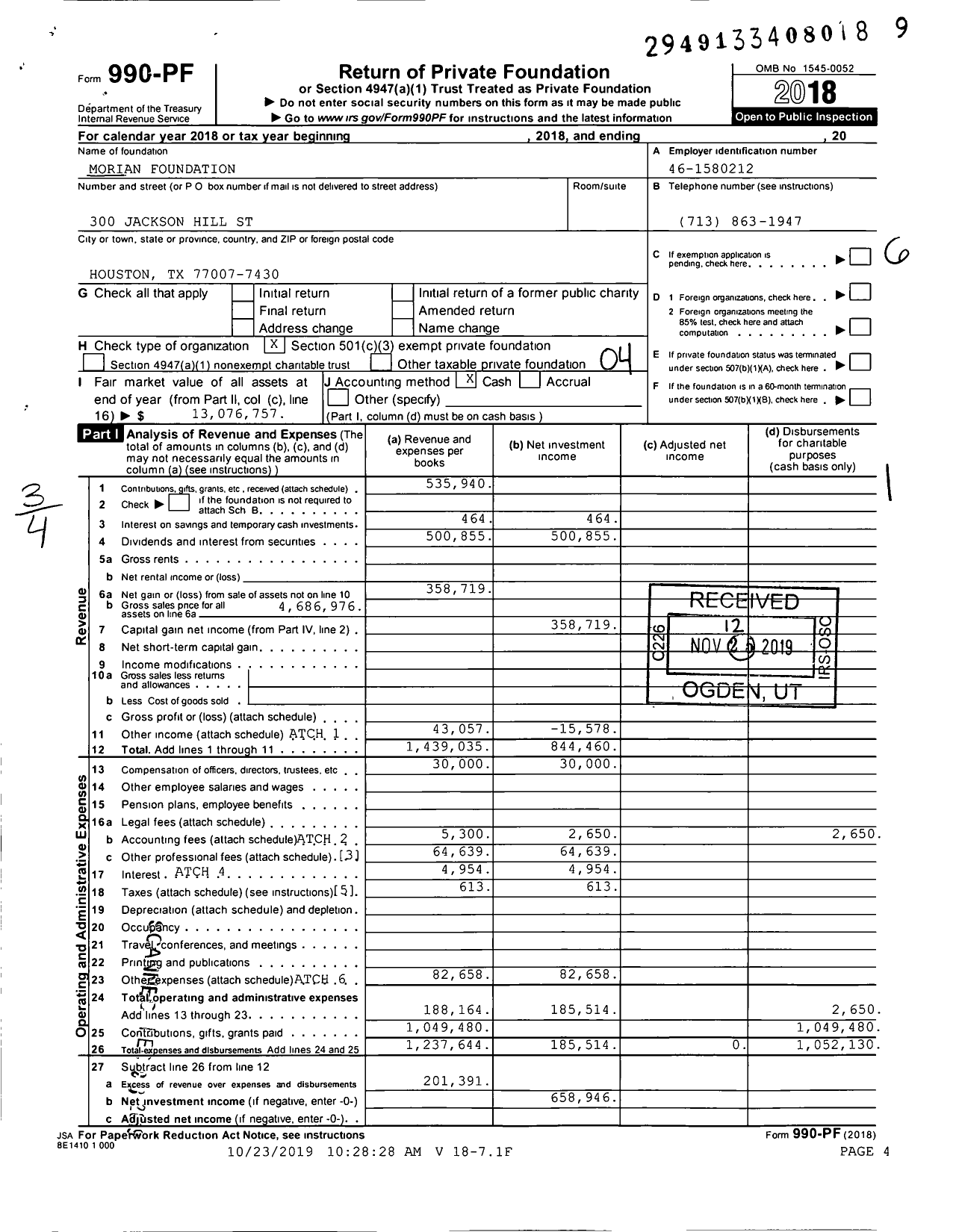 Image of first page of 2018 Form 990PF for Morian Foundation