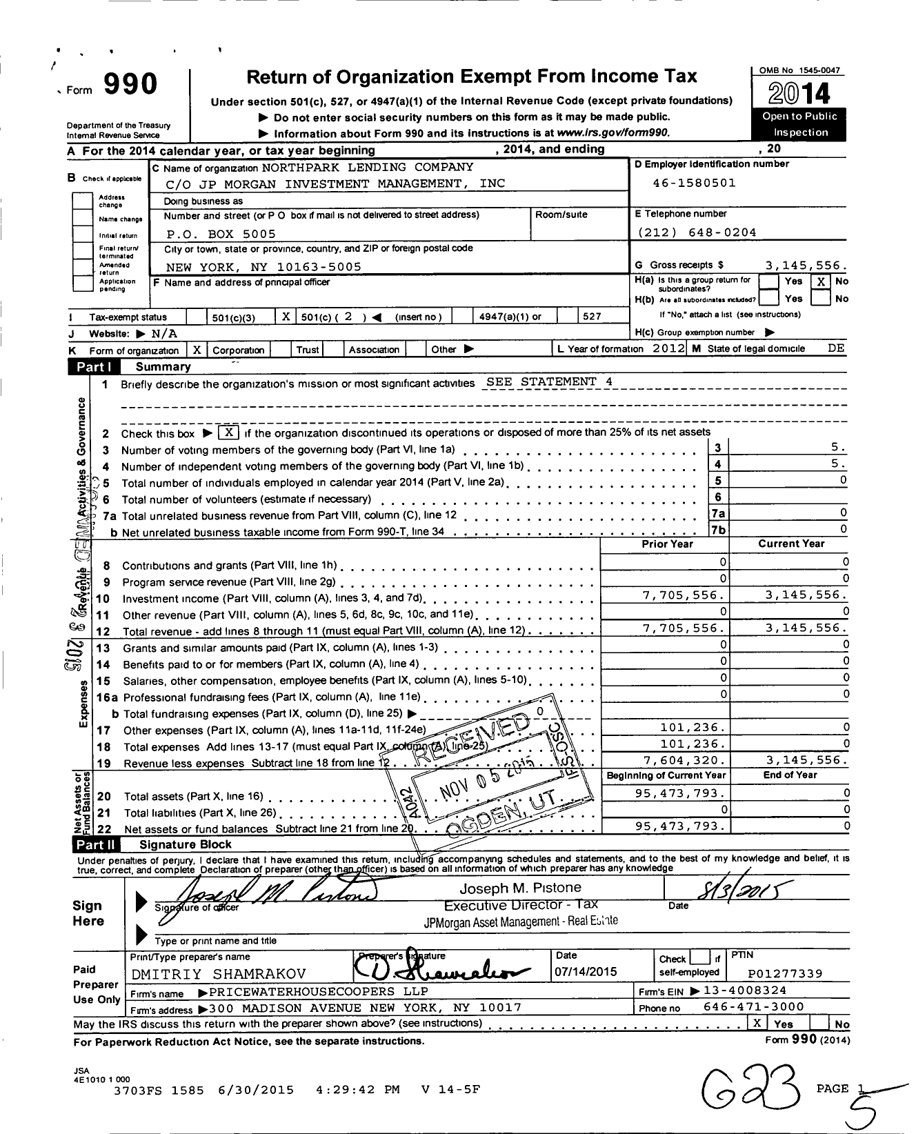 Image of first page of 2014 Form 990O for Northpark Lending Company
