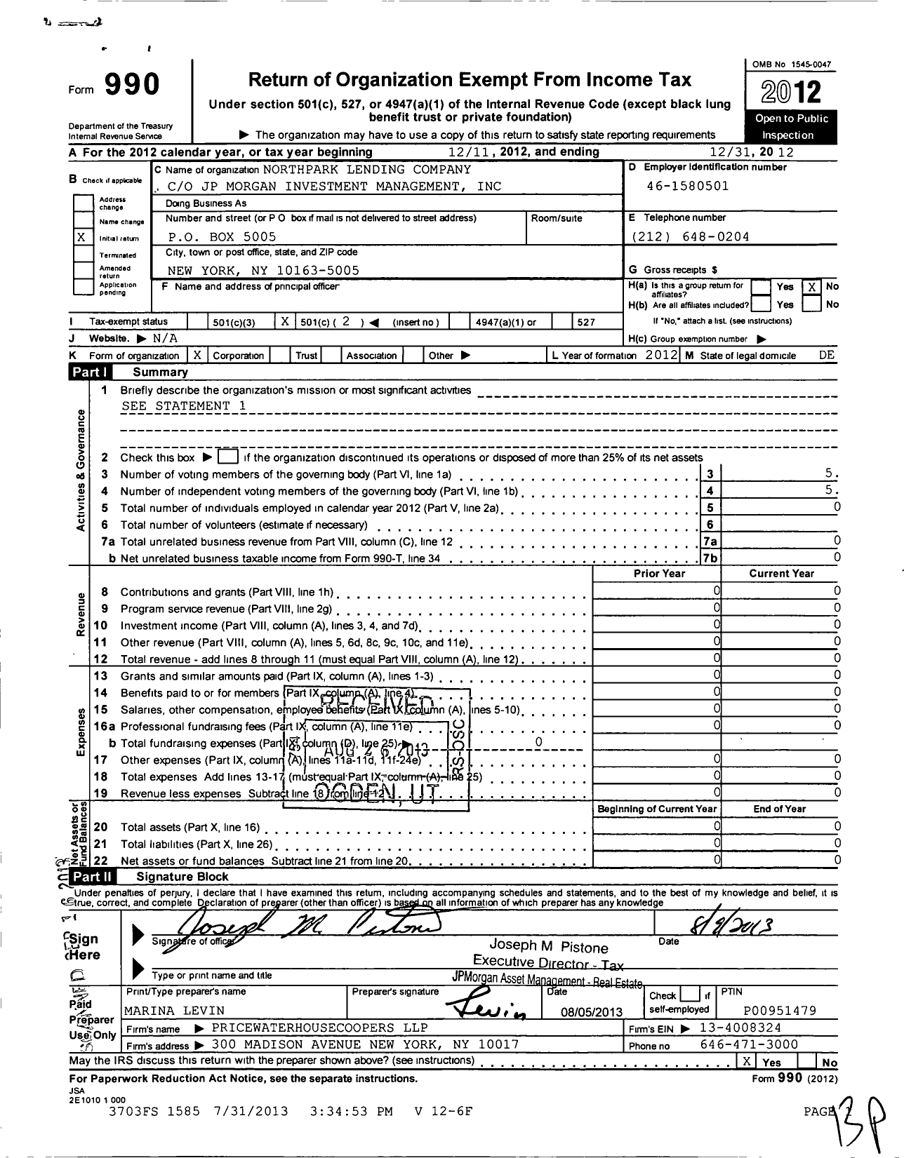 Image of first page of 2012 Form 990O for Northpark Lending Company