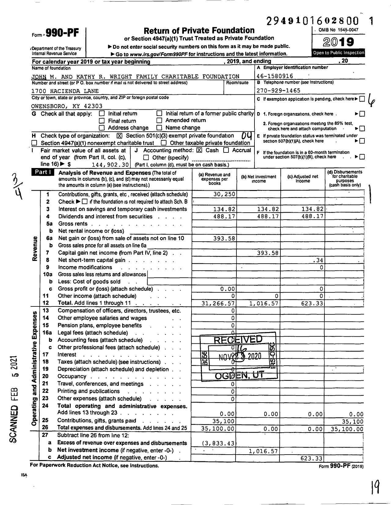 Image of first page of 2019 Form 990PF for John M and Kathy R Wright Family Charitable Foundation