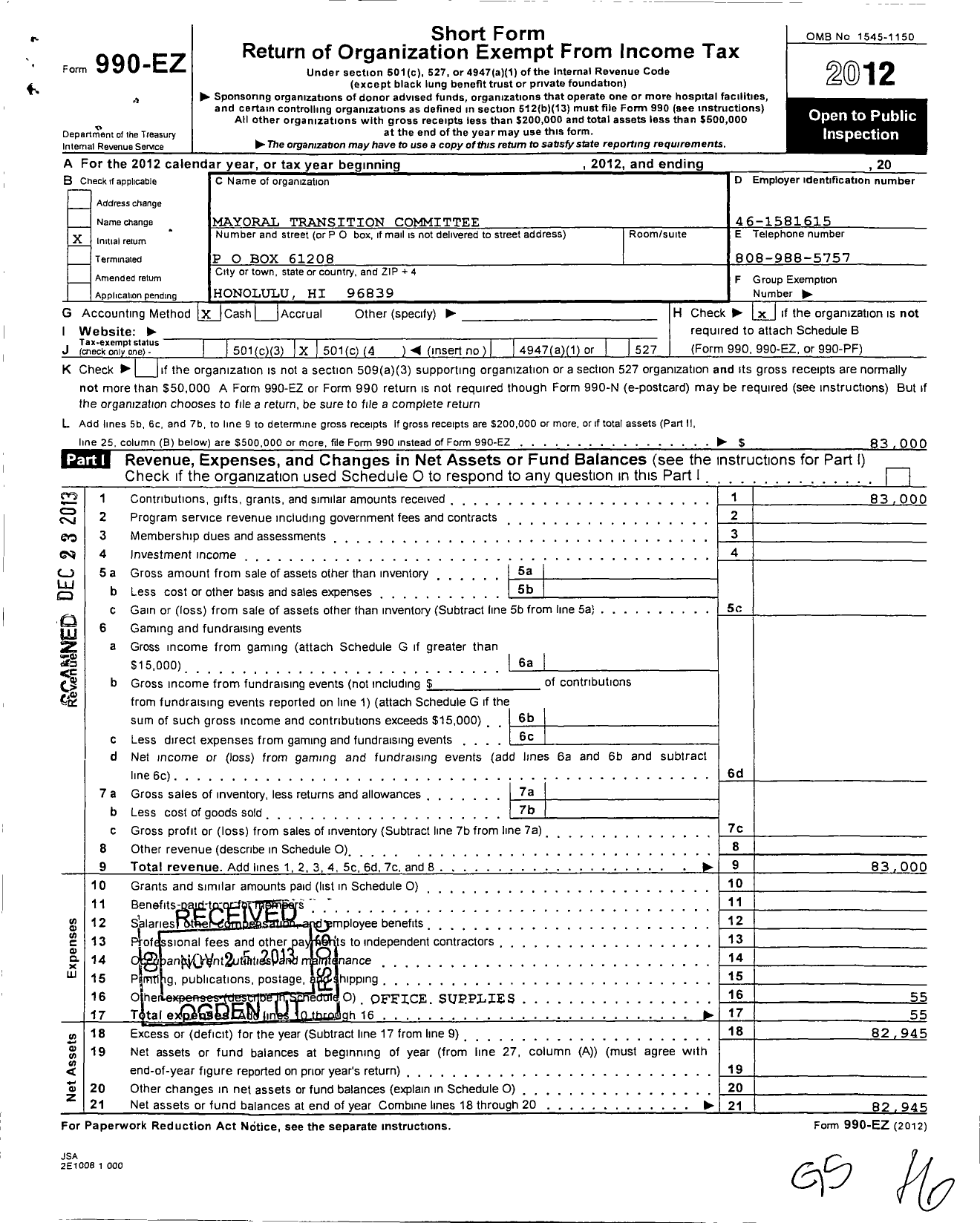 Image of first page of 2012 Form 990EO for Mayoral Transition Committee