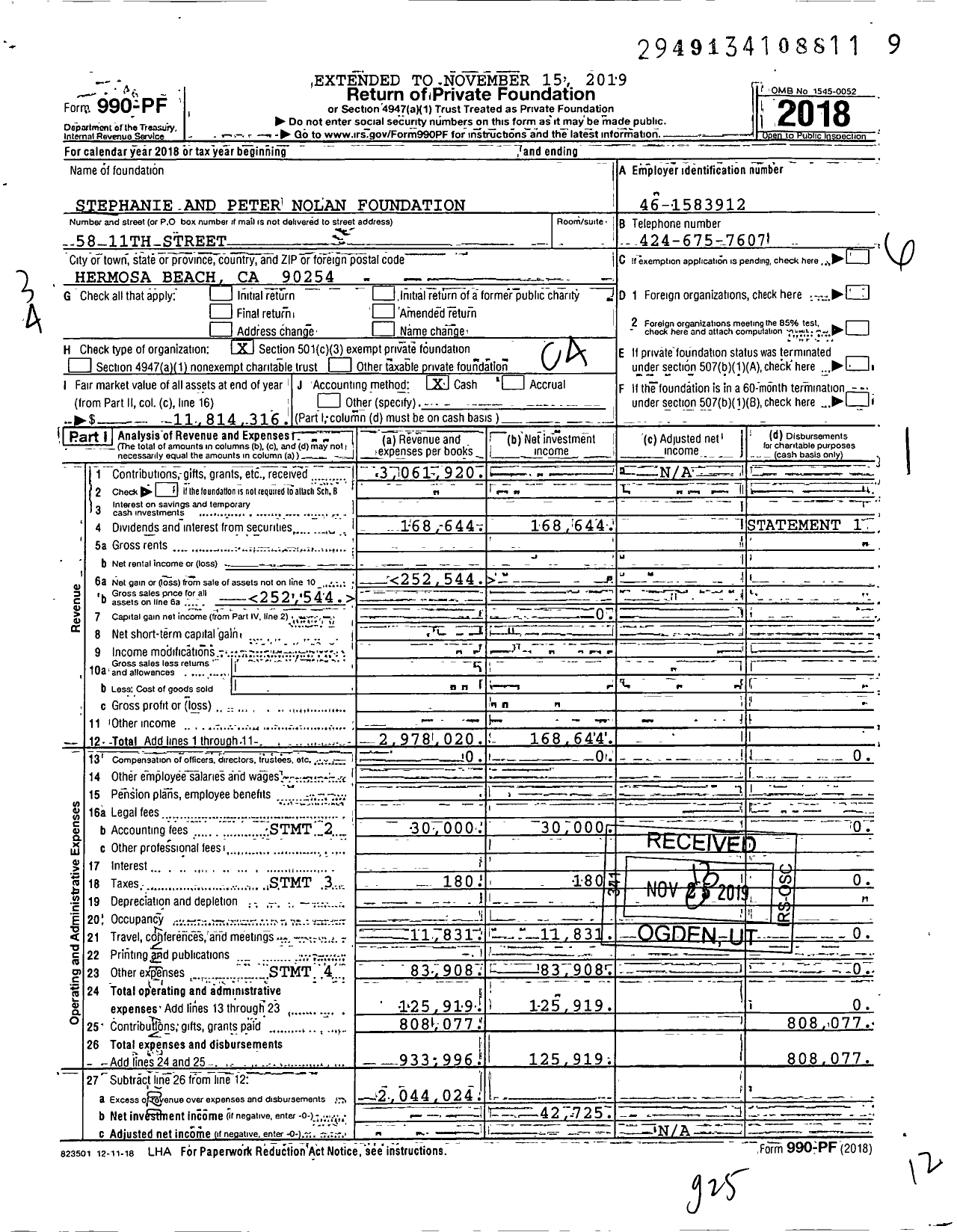 Image of first page of 2018 Form 990PF for Stephanie and Peter Nolan Foundation