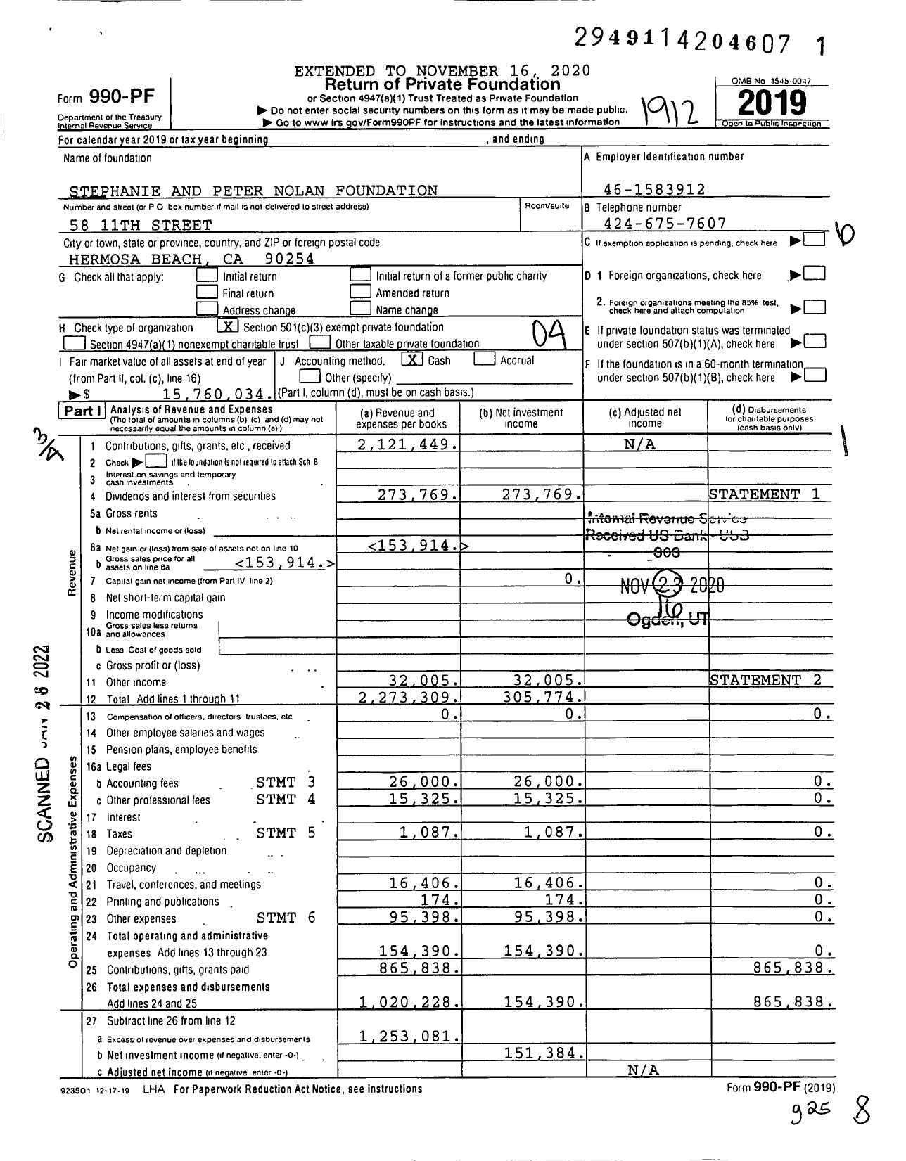 Image of first page of 2019 Form 990PF for Stephanie and Peter Nolan Foundation