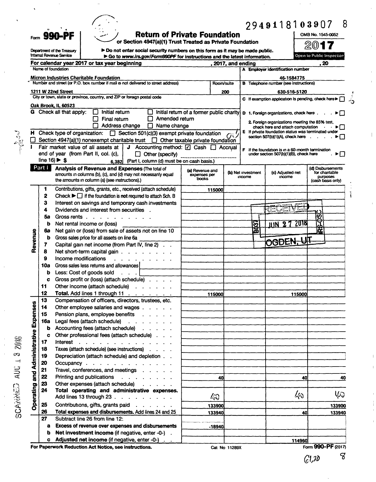 Image of first page of 2017 Form 990PF for Micron Industries Charitable Foundation