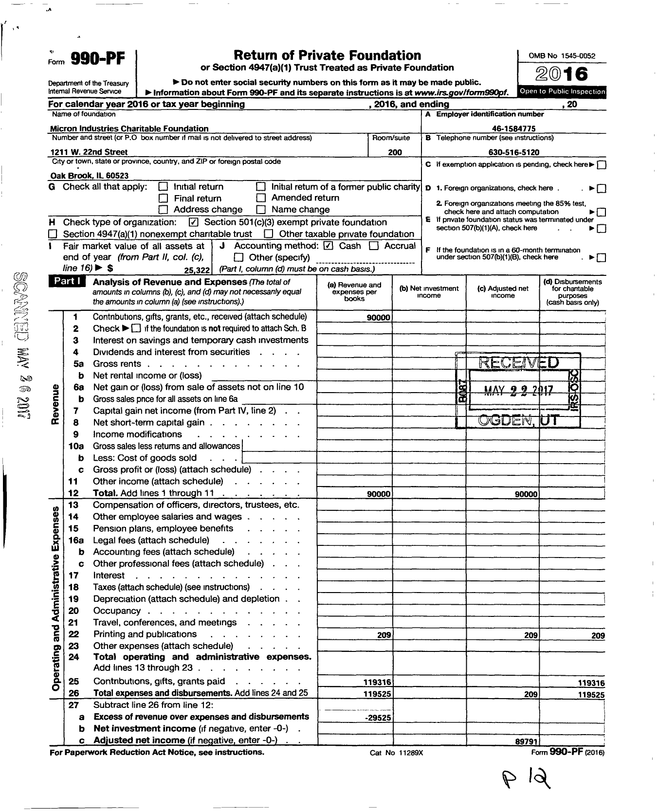 Image of first page of 2016 Form 990PF for Micron Industries Charitable Foundation