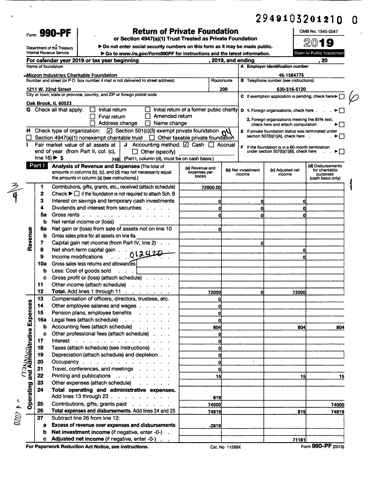 Image of first page of 2019 Form 990PR for Micron Industries Charitable Foundation