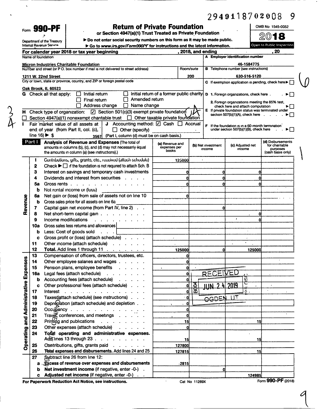 Image of first page of 2018 Form 990PF for Micron Industries Charitable Foundation