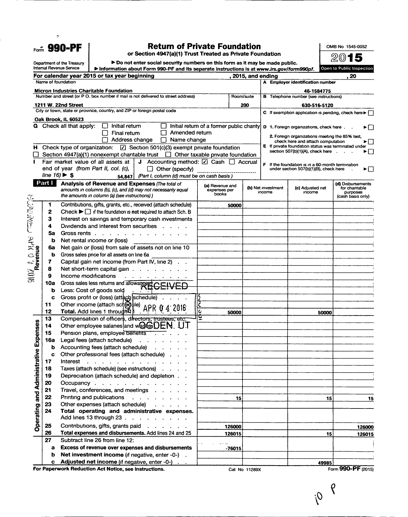 Image of first page of 2015 Form 990PF for Micron Industries Charitable Foundation