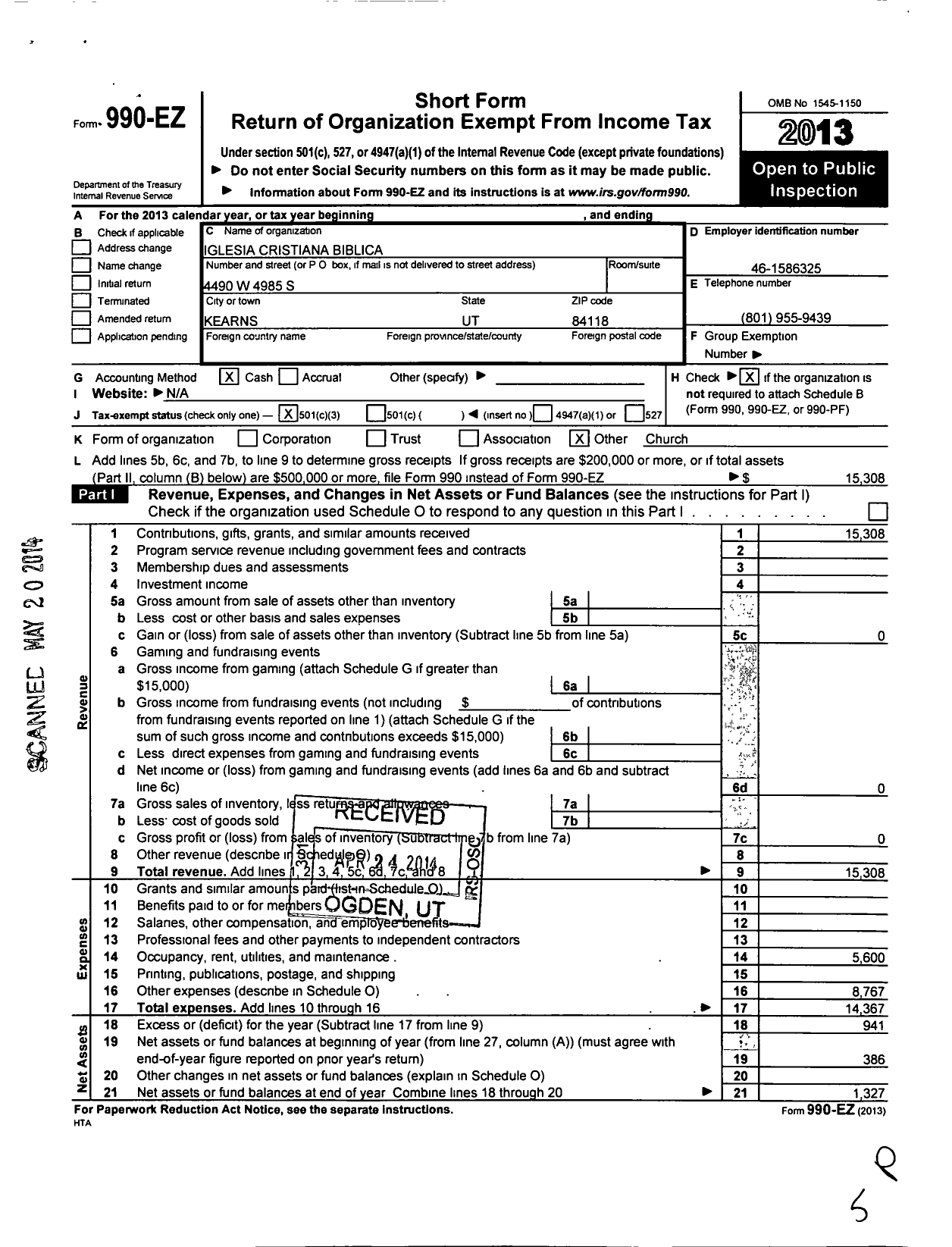 Image of first page of 2013 Form 990EZ for Iglesia Cristiana Biblica