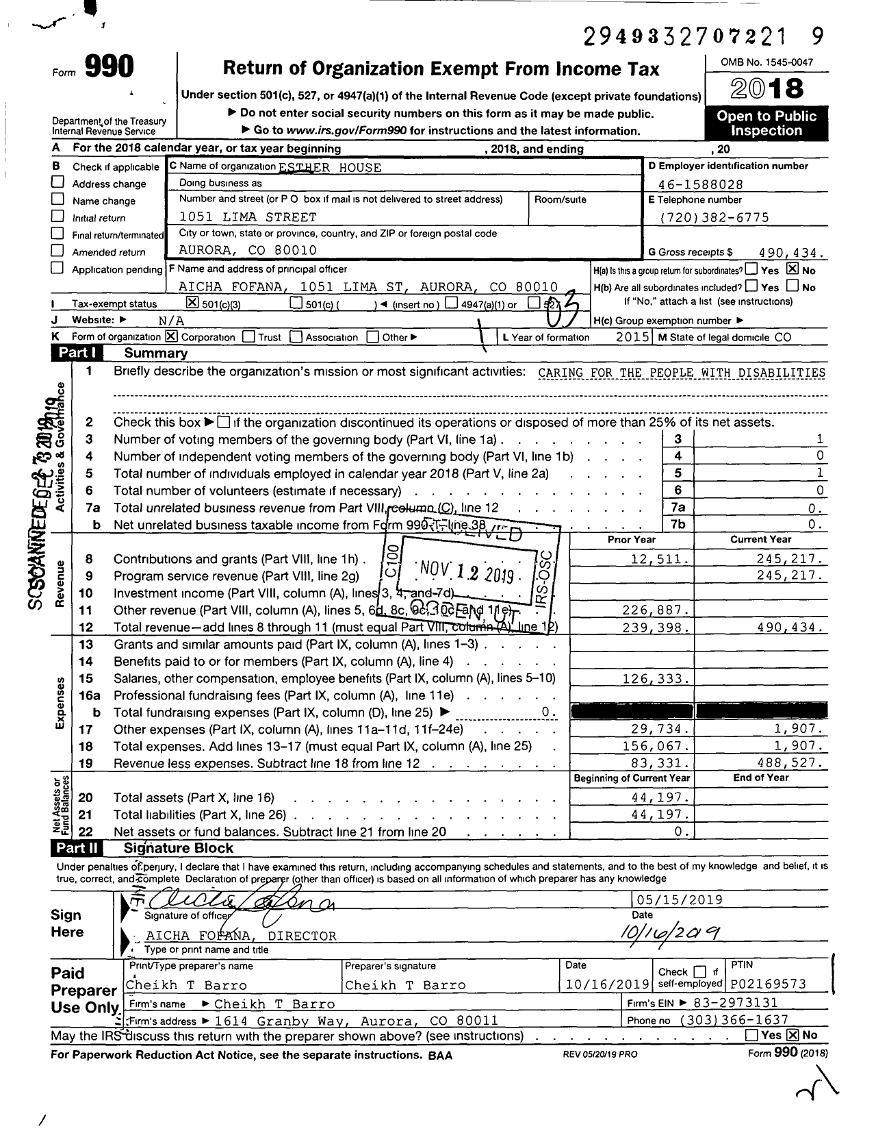 Image of first page of 2018 Form 990 for Esther House / Aicha Fofana Gen PTR