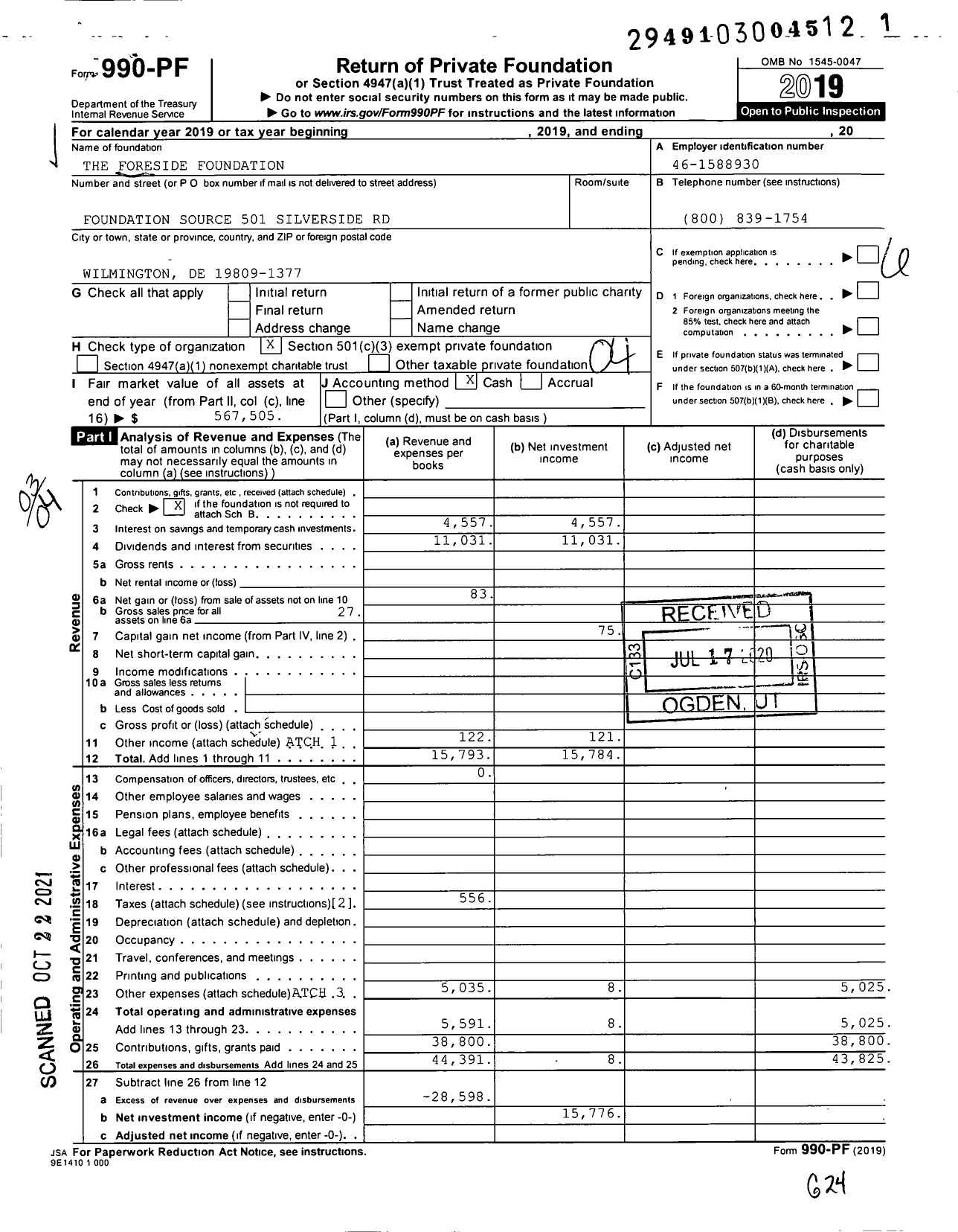 Image of first page of 2019 Form 990PF for The Foreside Foundation