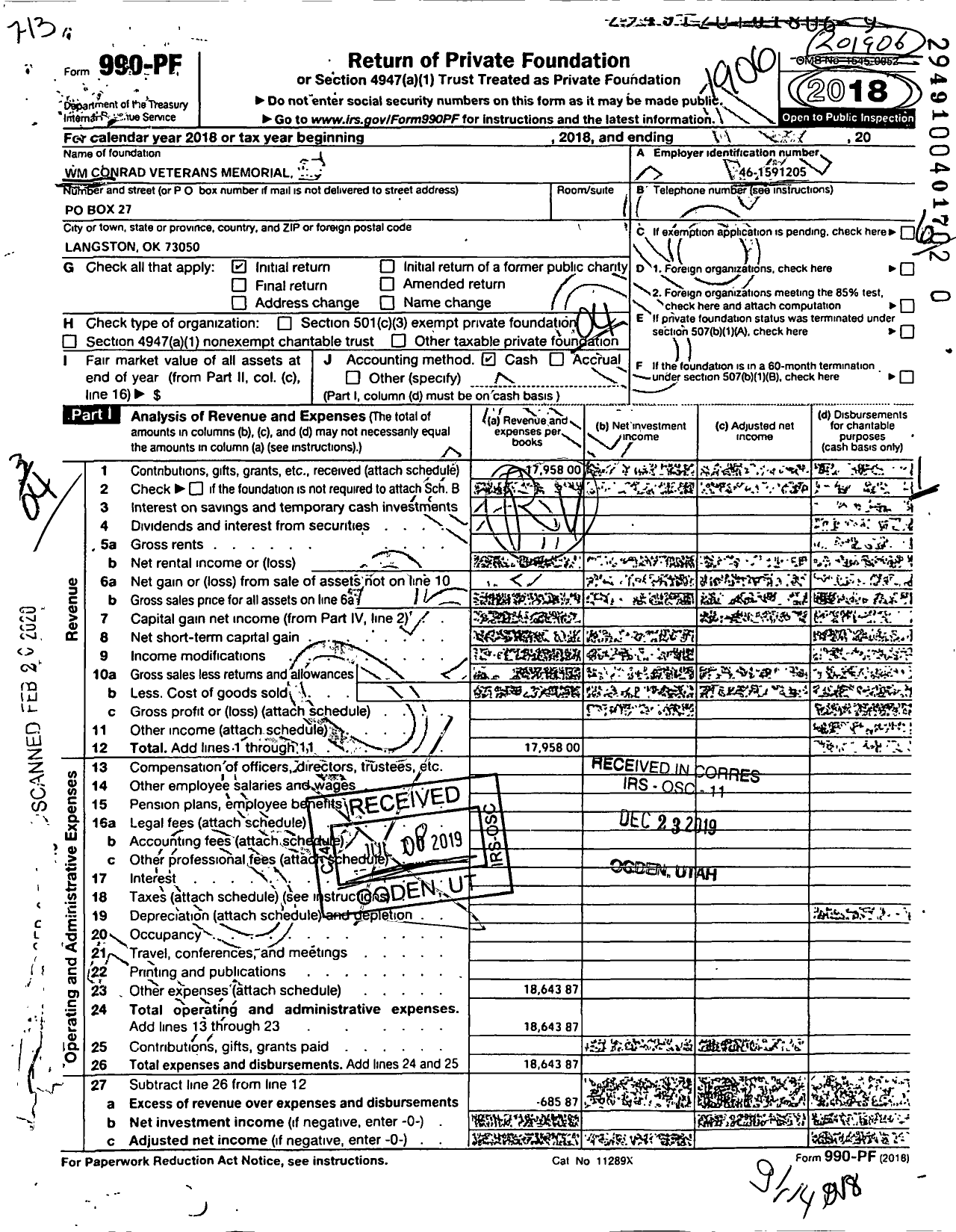 Image of first page of 2018 Form 990EZ for WM Conrad Veterans Memorial LLC