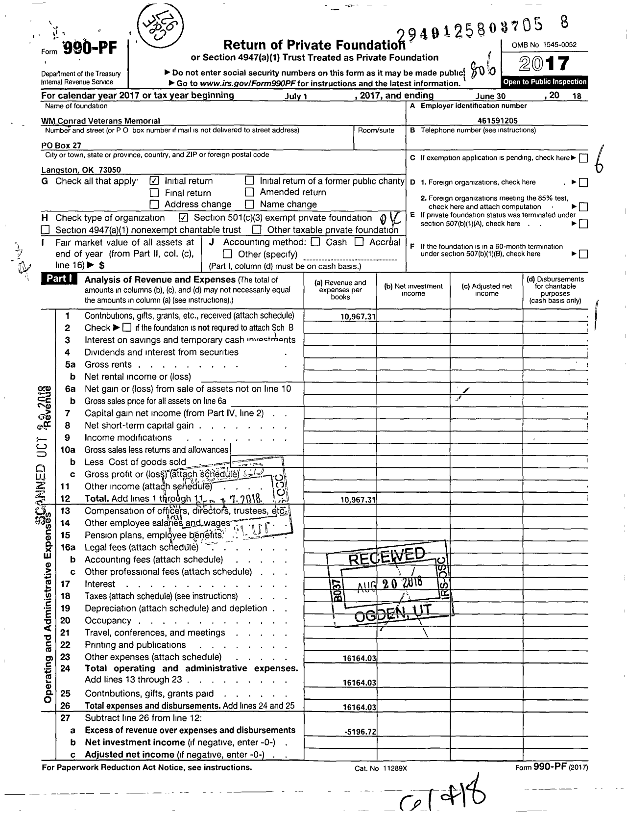 Image of first page of 2017 Form 990PF for WM Conrad Veterans Memorial LLC