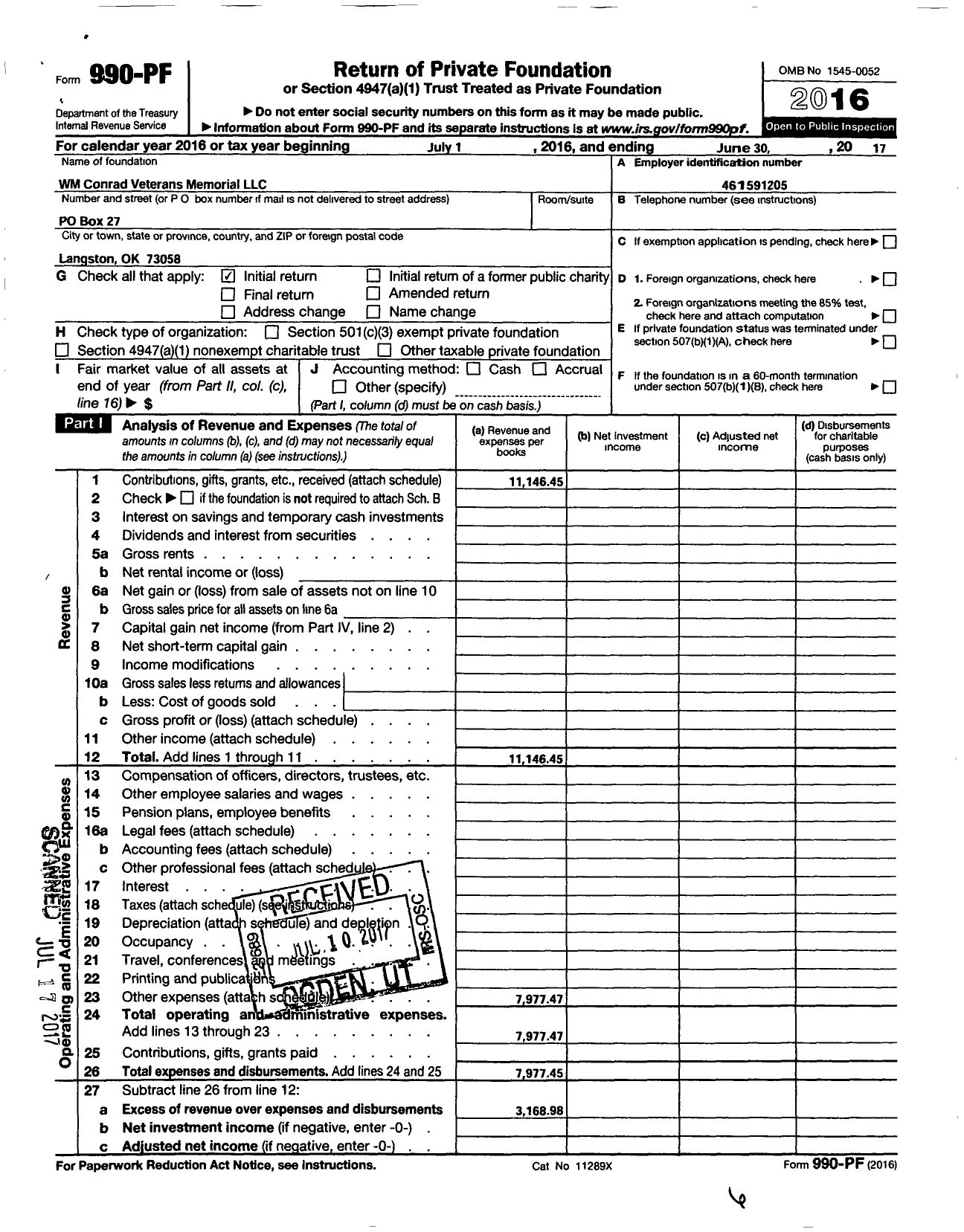 Image of first page of 2016 Form 990PF for WM Conrad Veterans Memorial LLC