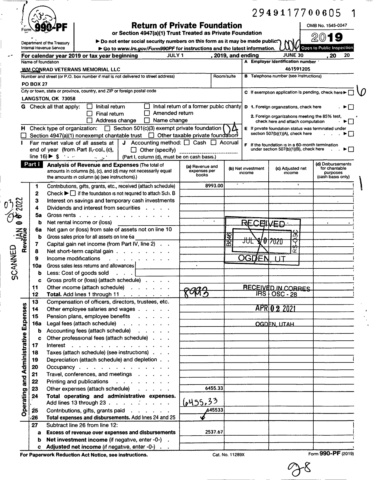 Image of first page of 2019 Form 990PF for WM Conrad Veterans Memorial LLC