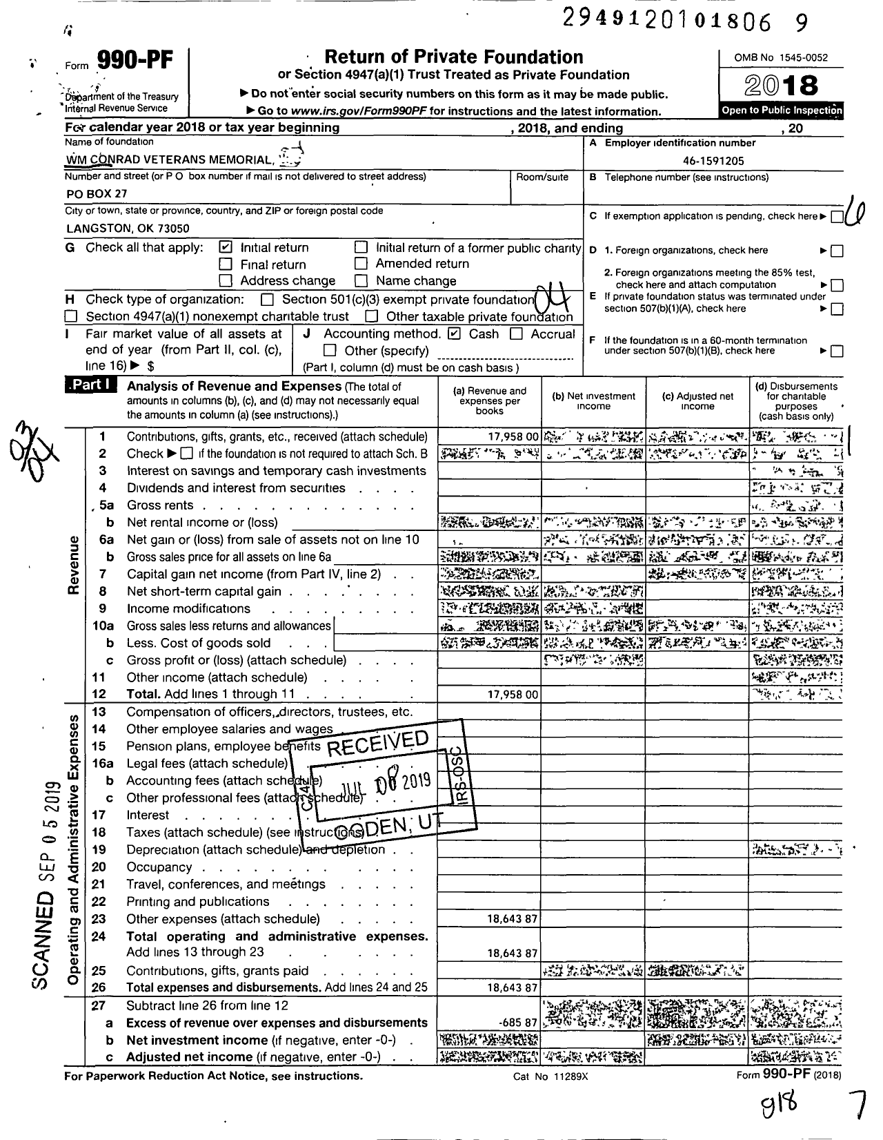 Image of first page of 2018 Form 990PF for WM Conrad Veterans Memorial LLC