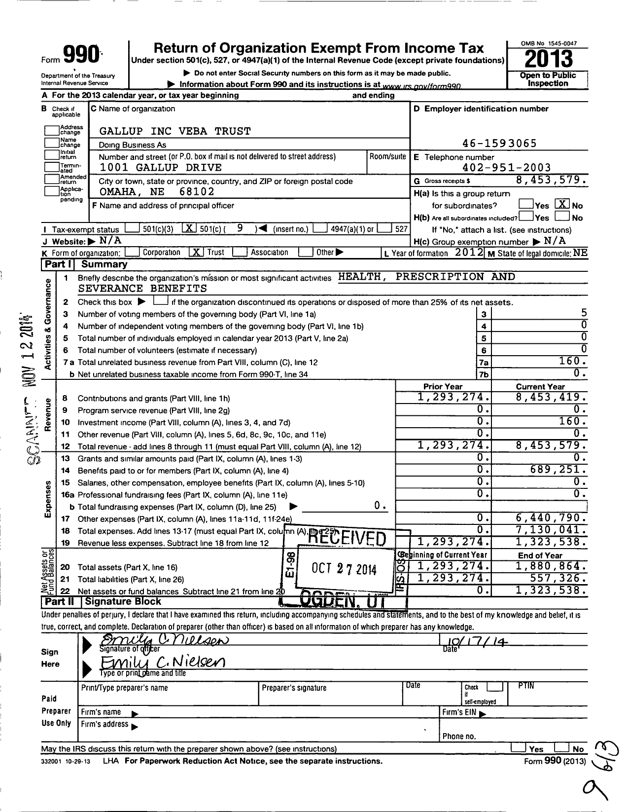 Image of first page of 2013 Form 990O for Gallup Veba Trust