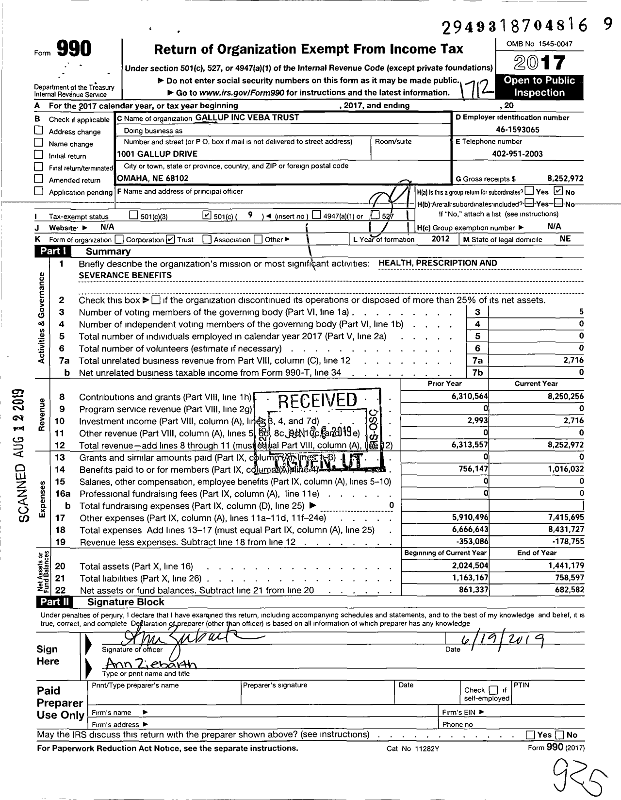Image of first page of 2017 Form 990O for Gallup Veba Trust