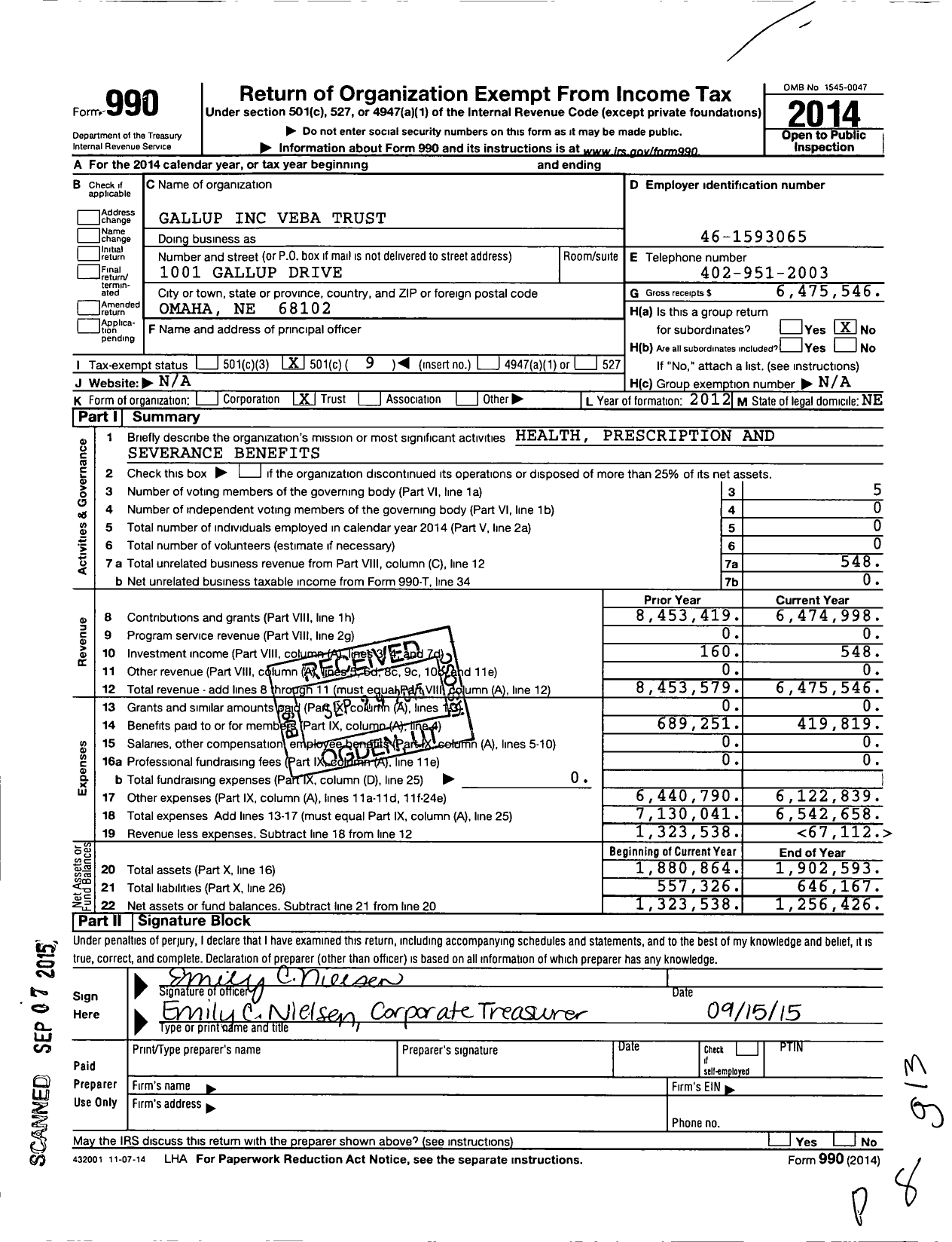 Image of first page of 2014 Form 990O for Gallup Veba Trust