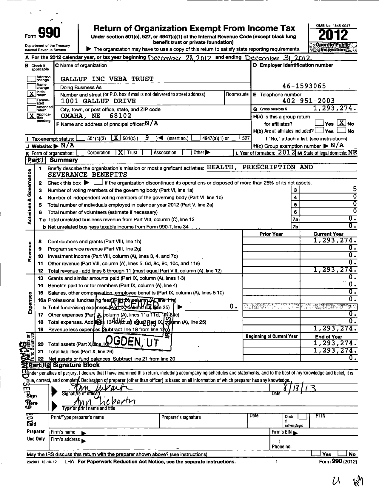 Image of first page of 2012 Form 990O for Gallup Veba Trust
