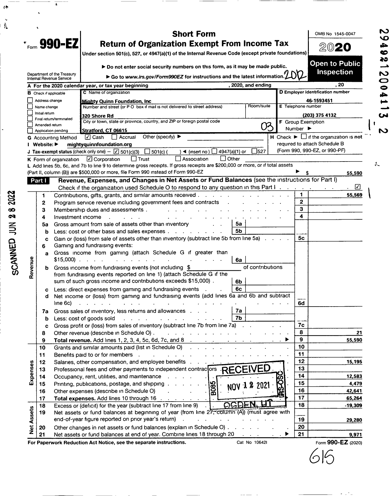 Image of first page of 2020 Form 990EZ for Mighty Quinn Foundation