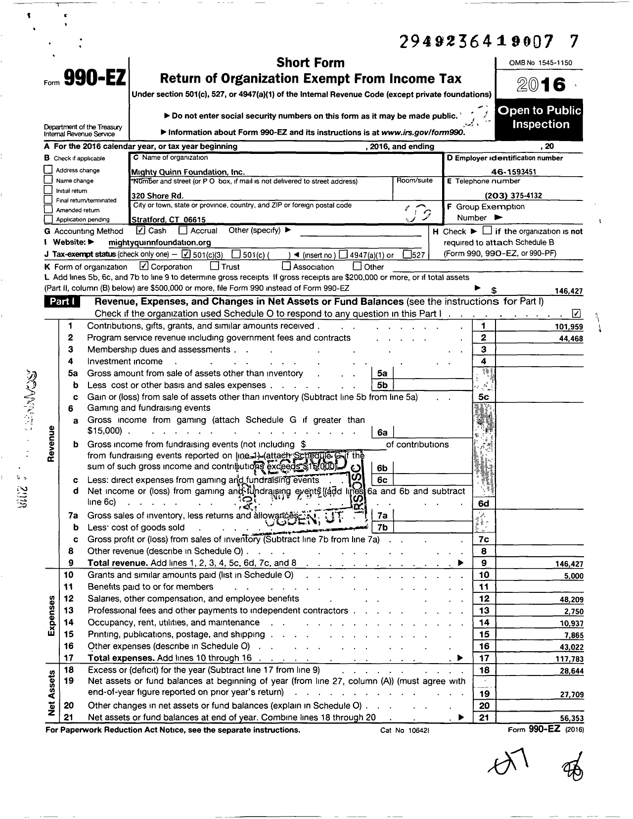 Image of first page of 2016 Form 990EZ for Mighty Quinn Foundation