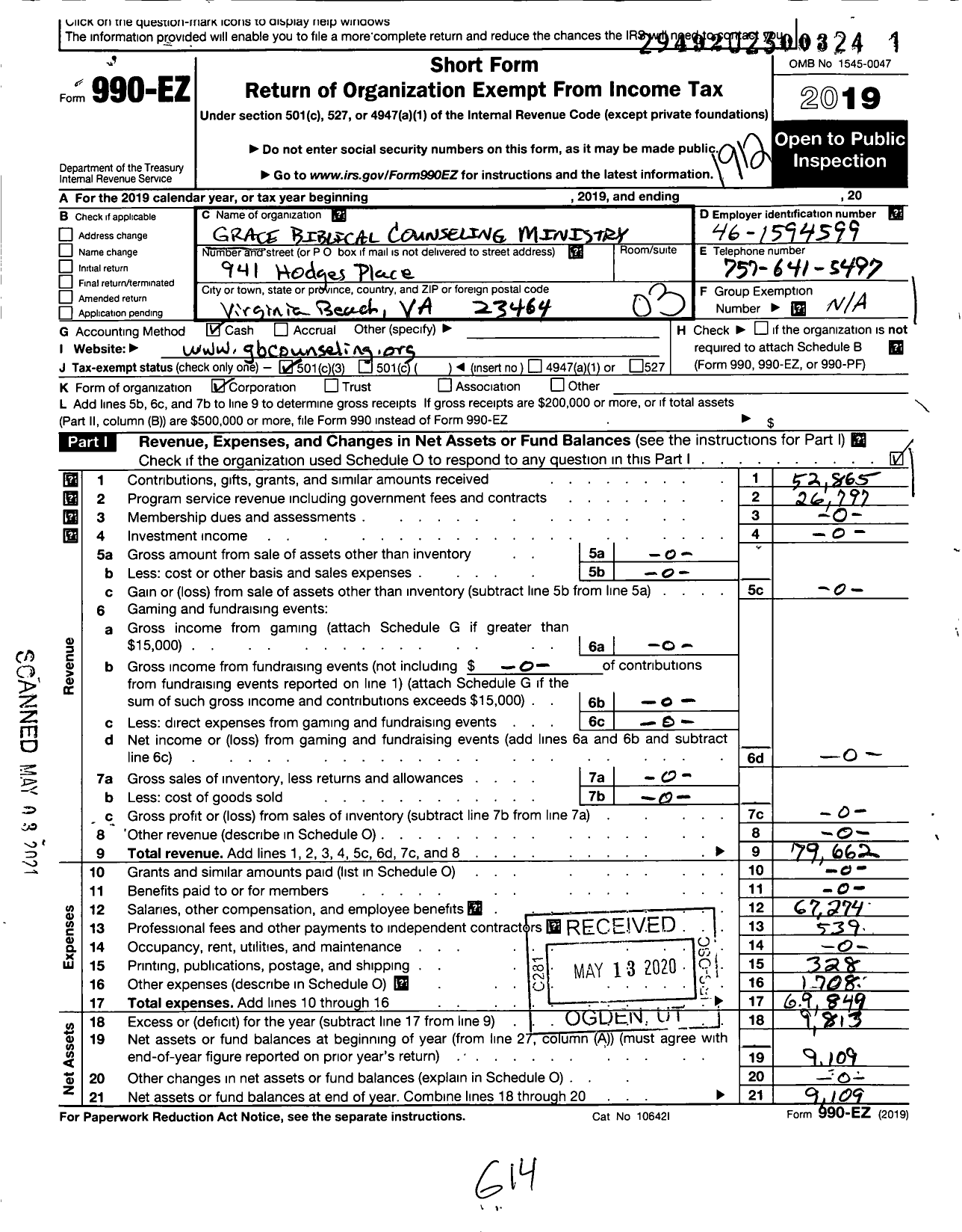 Image of first page of 2019 Form 990EZ for Grace Biblical Counseling Ministry