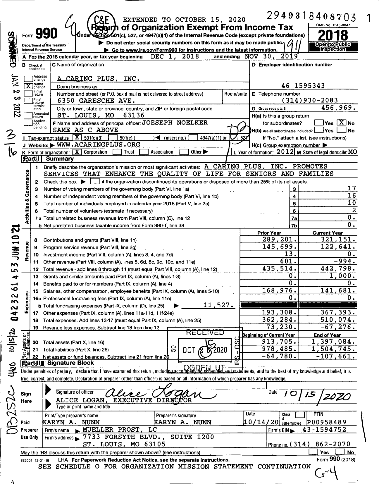 Image of first page of 2018 Form 990 for A Caring Plus