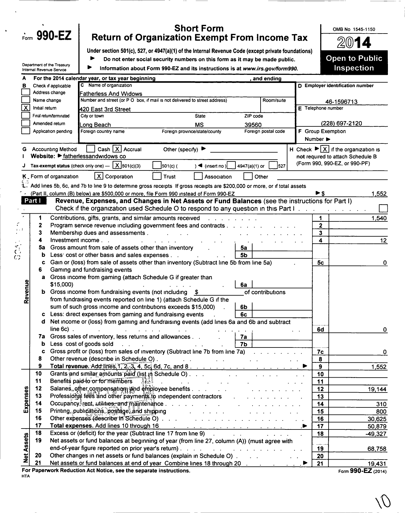 Image of first page of 2014 Form 990EZ for Fatherless and Widows