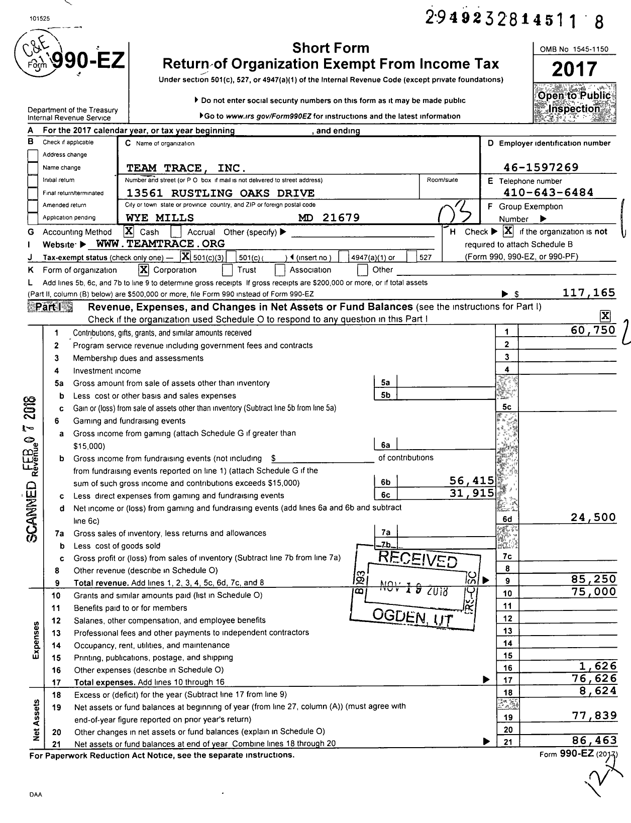 Image of first page of 2017 Form 990EZ for Team Trace