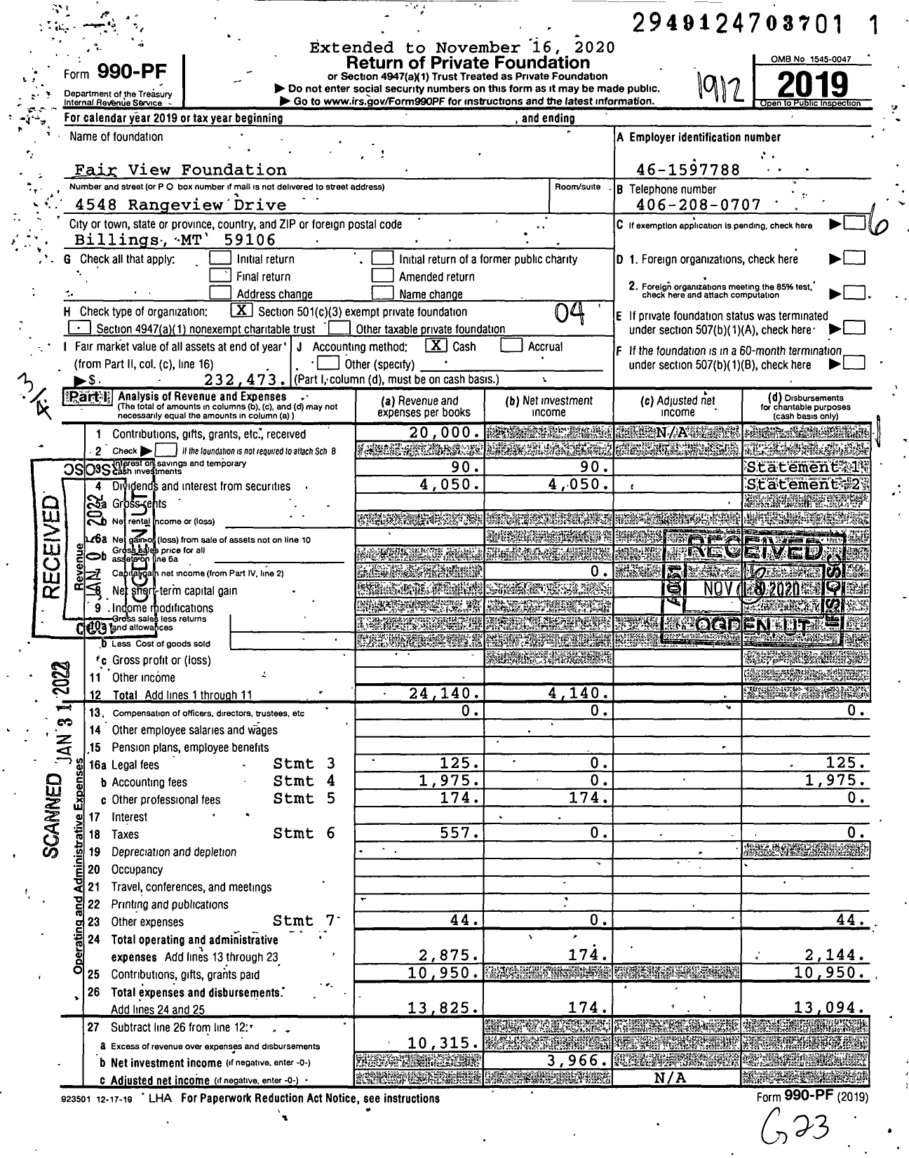 Image of first page of 2019 Form 990PF for Fair View Foundation