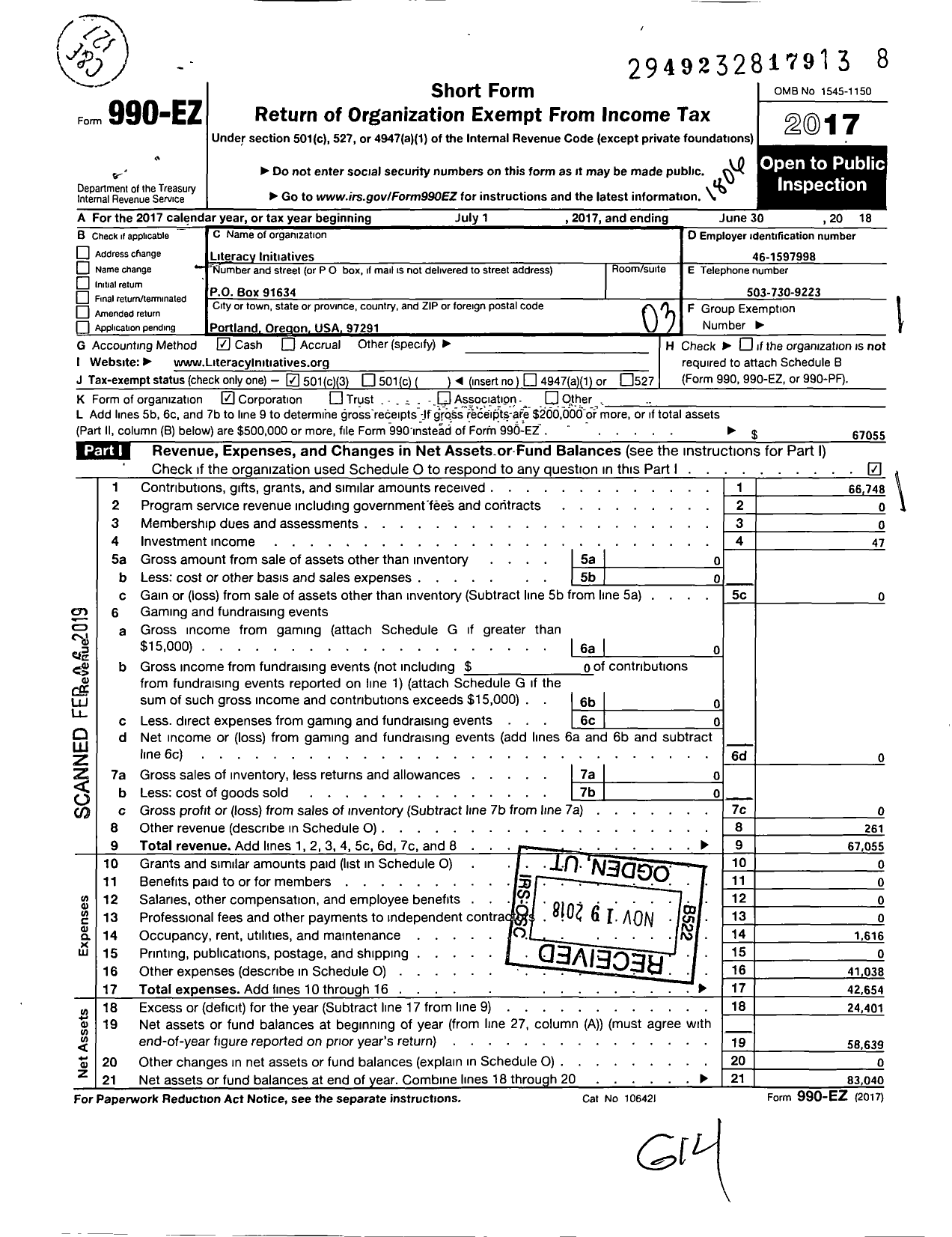 Image of first page of 2017 Form 990EZ for Literacy Initiatives