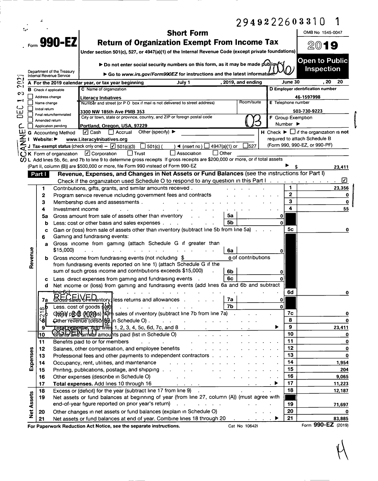 Image of first page of 2019 Form 990EZ for Literacy Initiatives