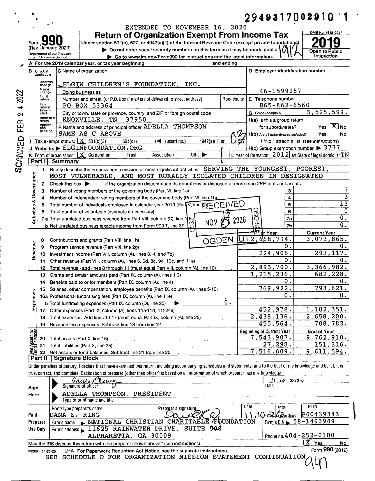 Image of first page of 2019 Form 990 for Elgin Children's Foundation