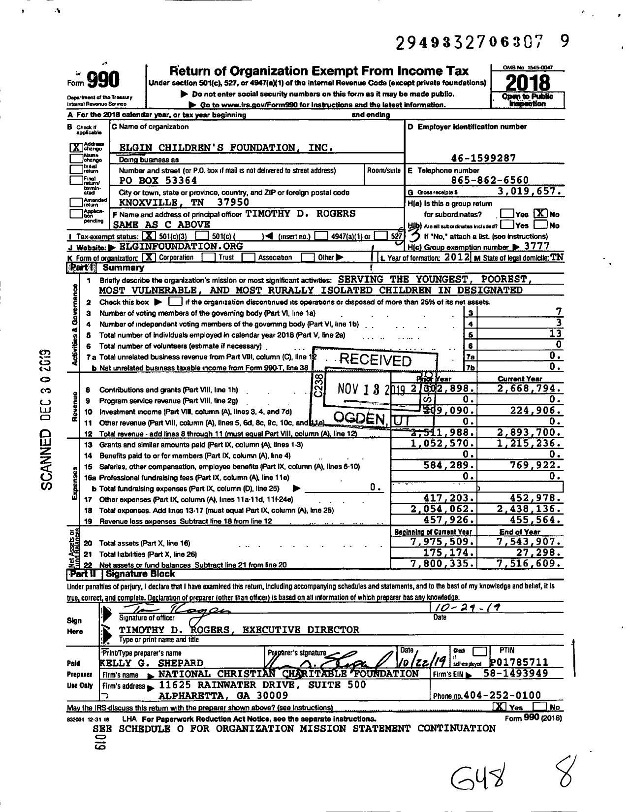 Image of first page of 2018 Form 990 for Elgin Children's Foundation