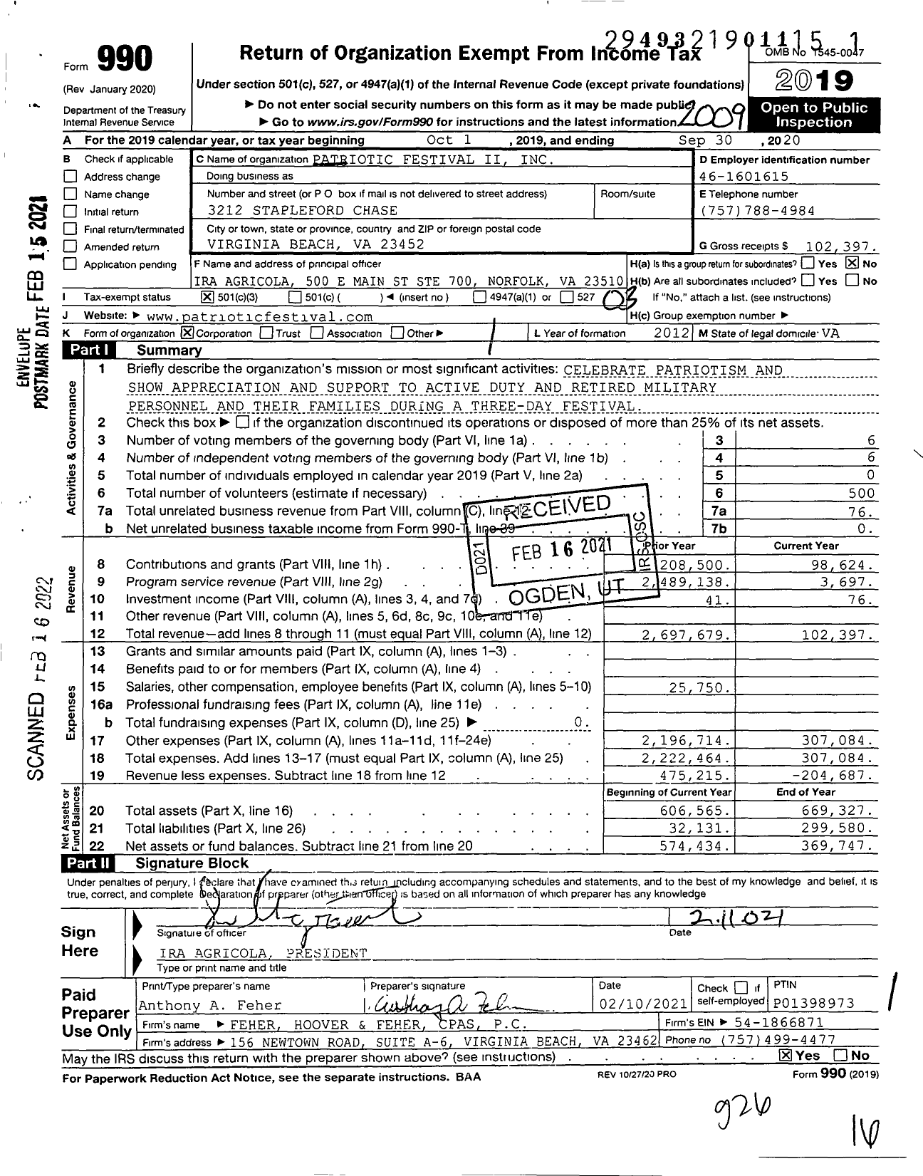 Image of first page of 2019 Form 990 for Patriotic Festival Ii