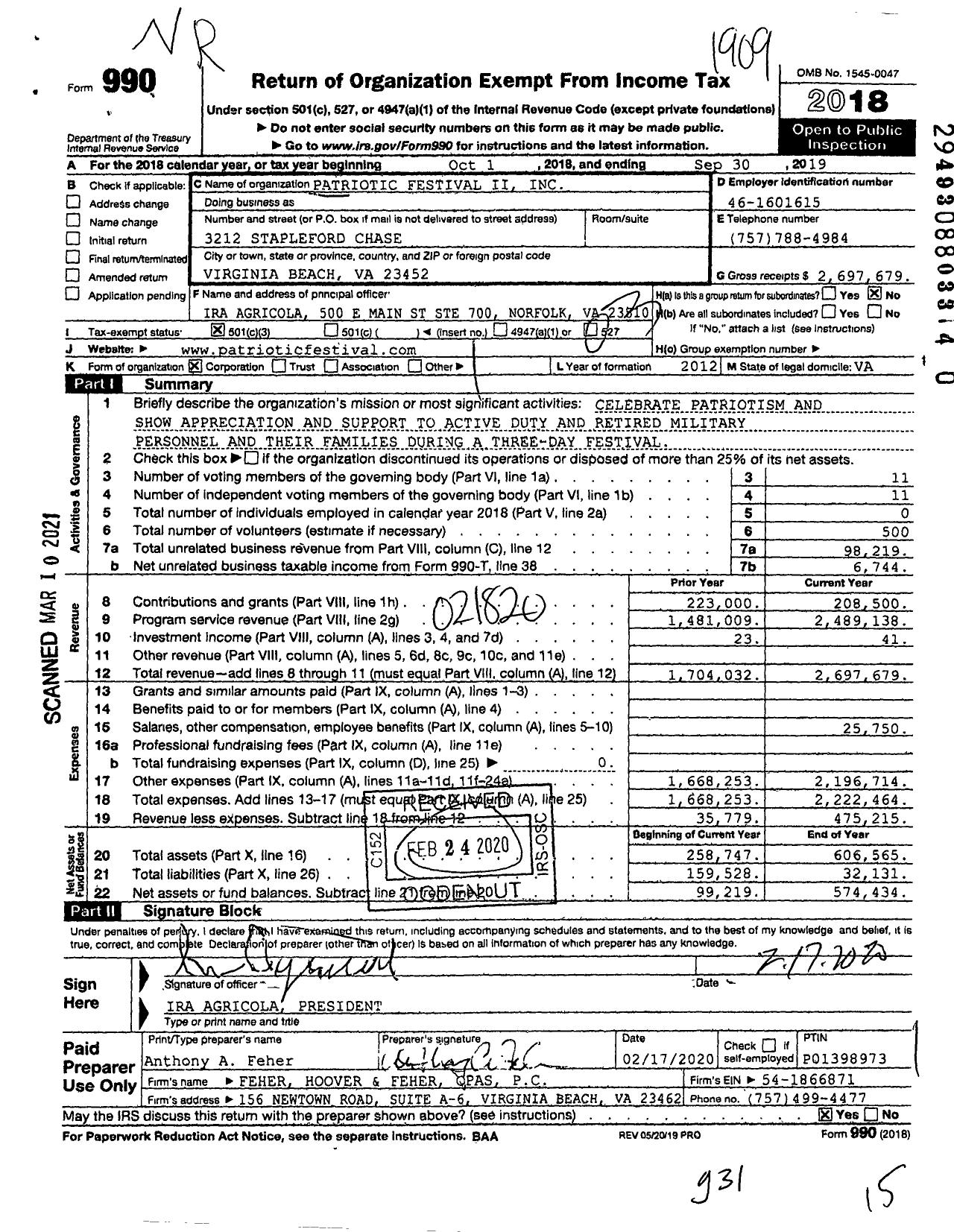 Image of first page of 2018 Form 990 for Patriotic Festival Ii