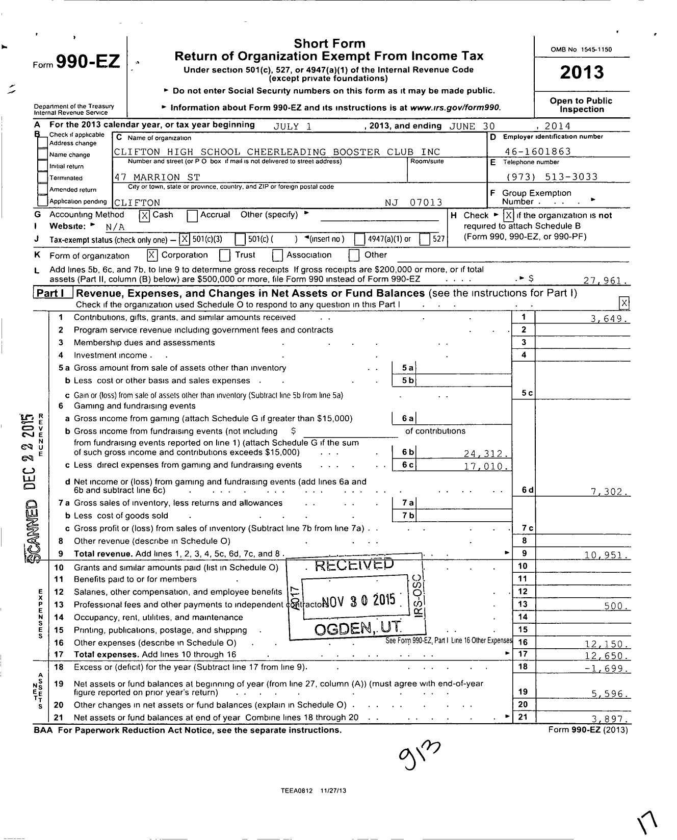 Image of first page of 2013 Form 990EZ for Clifton High School Cheerleading Booster Club