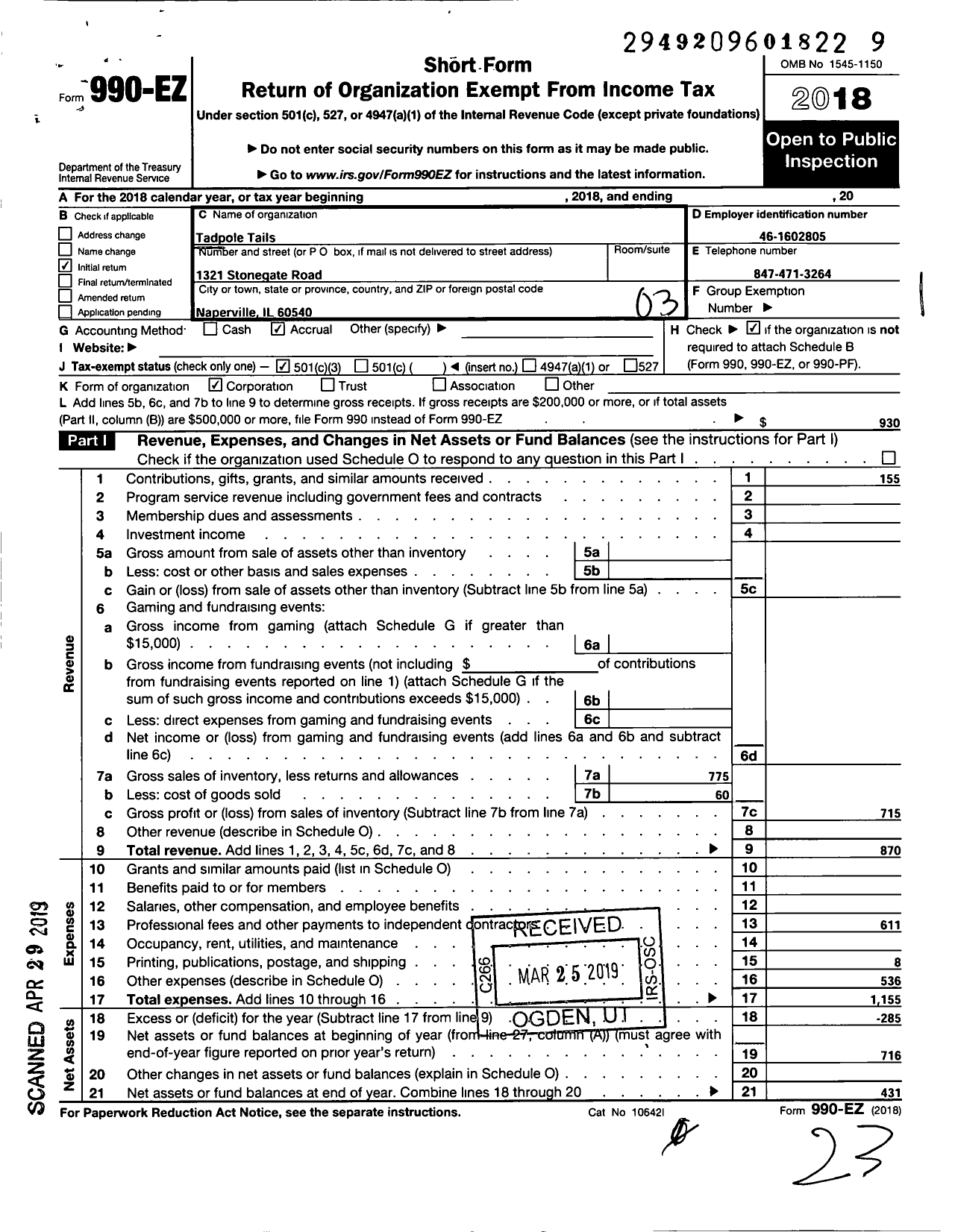 Image of first page of 2018 Form 990EZ for Tadpole Tails