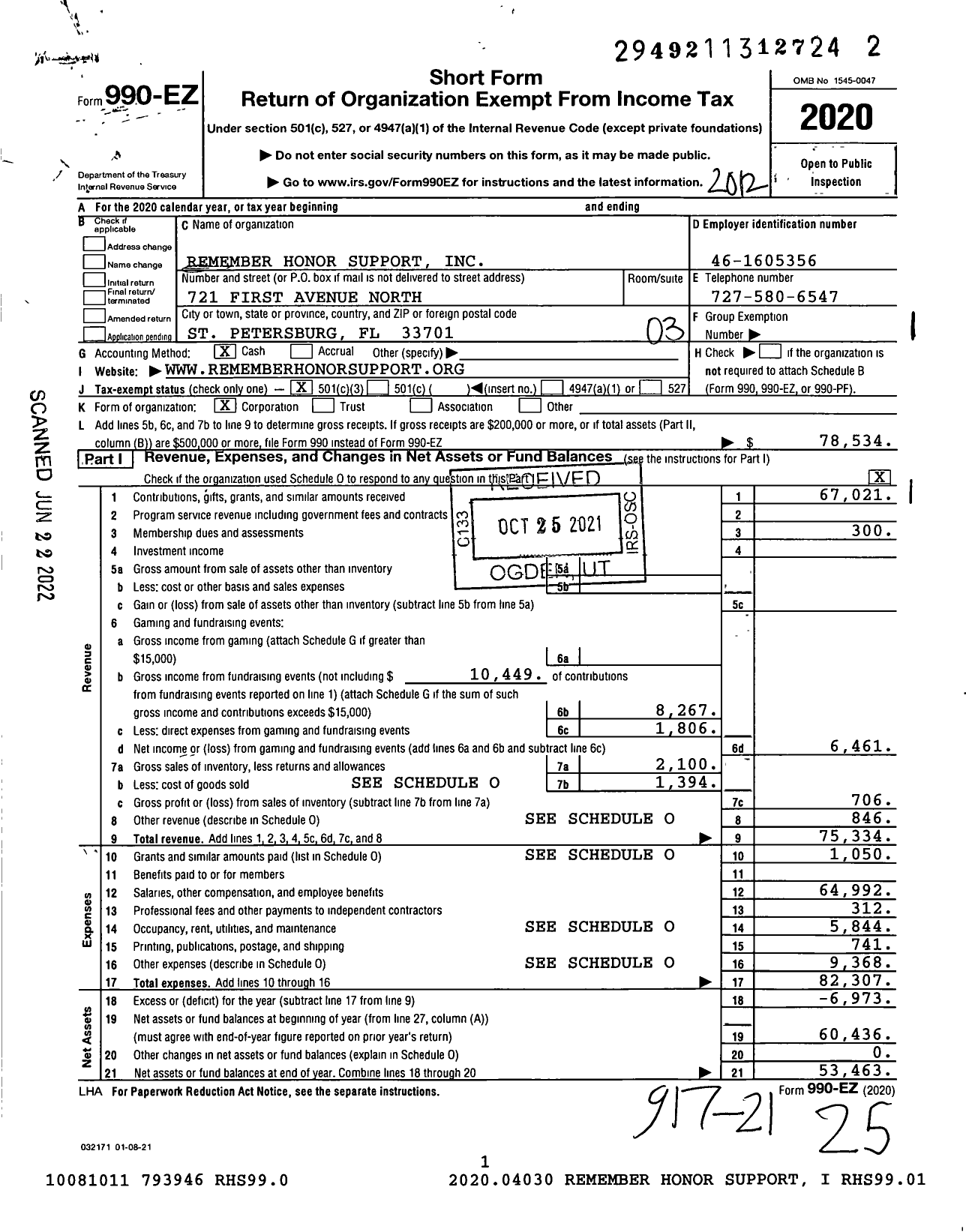 Image of first page of 2020 Form 990EZ for Remember Honor Support