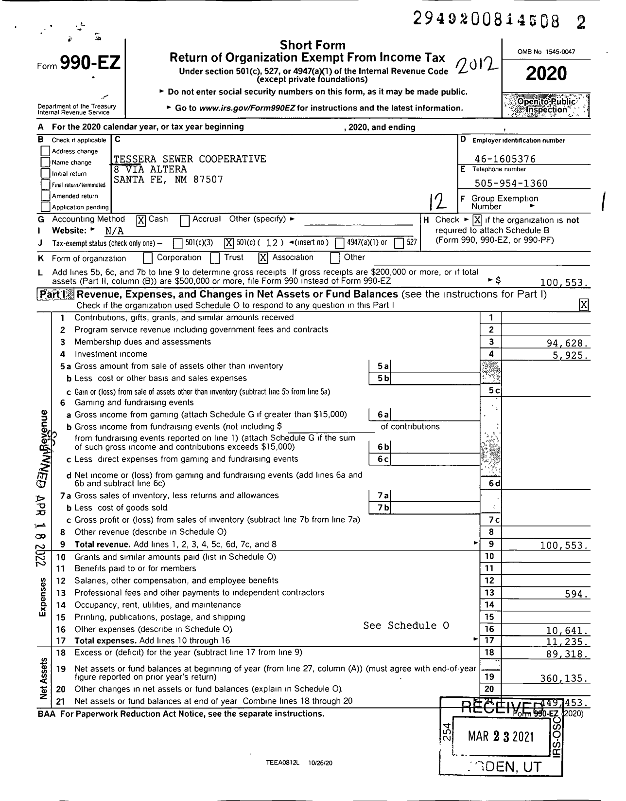 Image of first page of 2020 Form 990EO for Tessera Sewer Cooperative