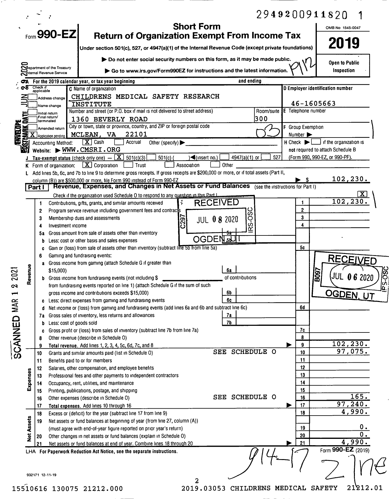 Image of first page of 2019 Form 990EZ for Childrens Medical Safety Research Institute