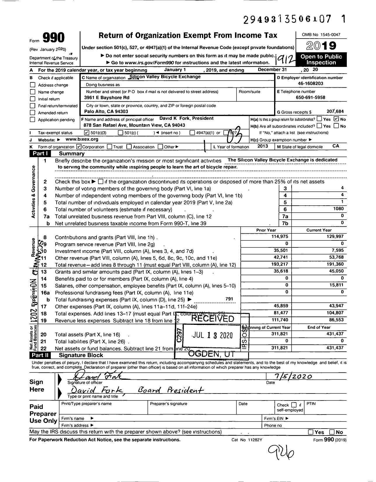 Image of first page of 2019 Form 990 for Silicon Valley Bicycle Exchange