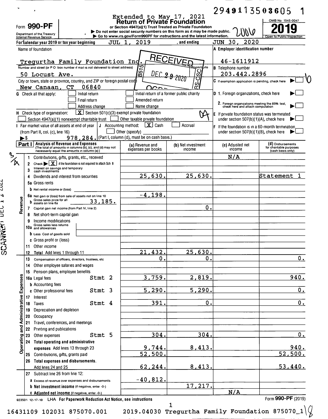 Image of first page of 2019 Form 990PF for Tregurtha Family Foundation